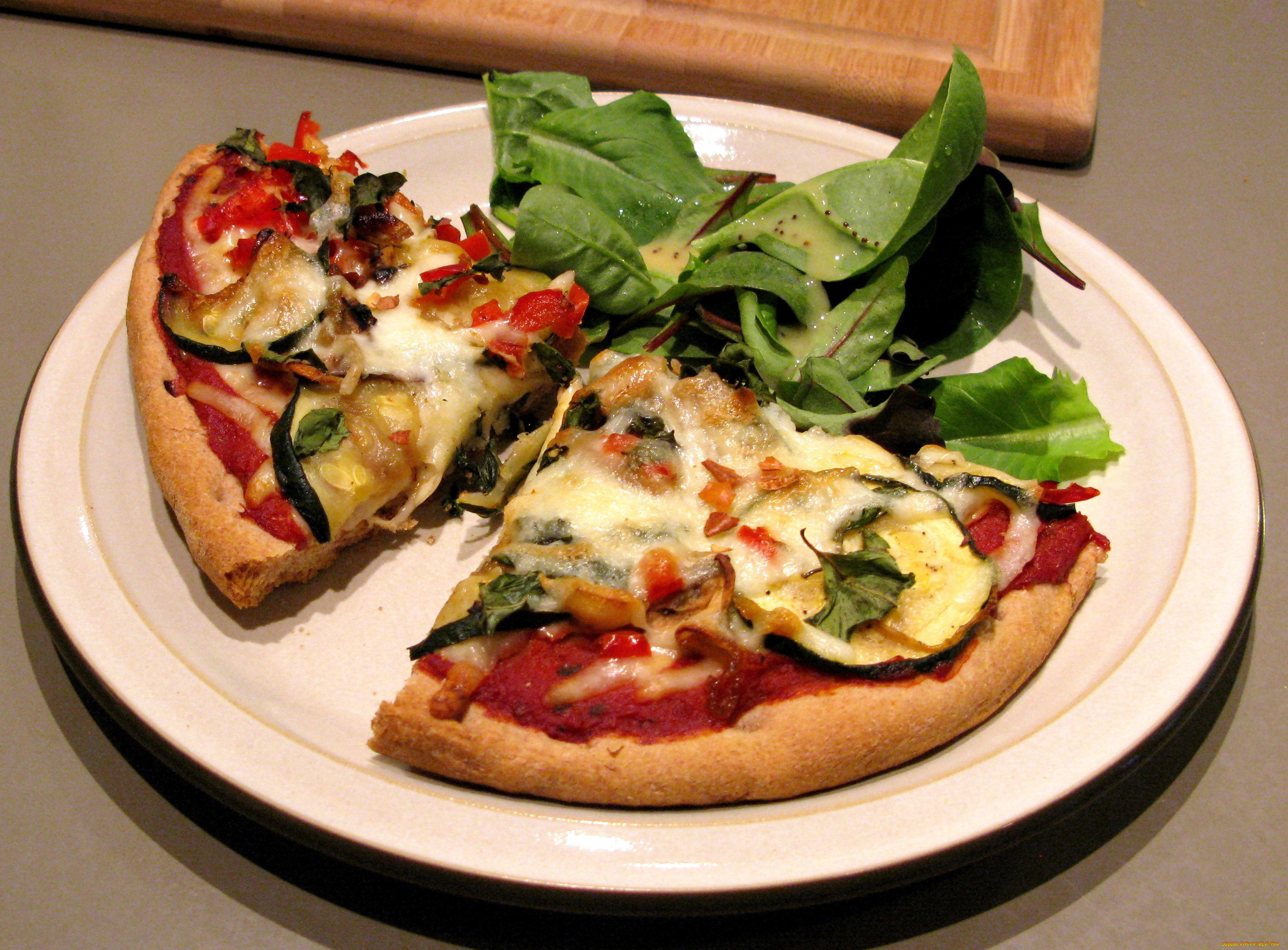 еда, пицца, куски, пиццы, салат, тарелка