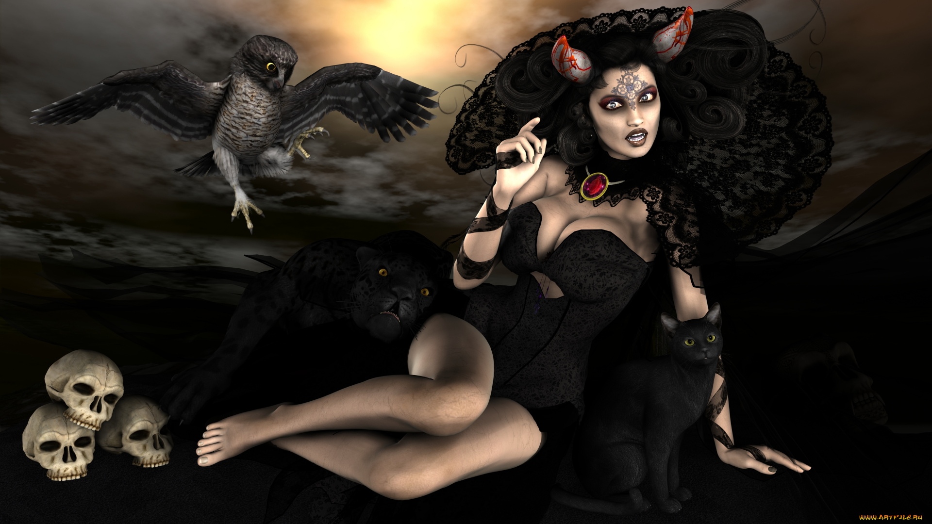 3д, графика, fantasy, фантазия, черепа, сова, кошки, девушка
