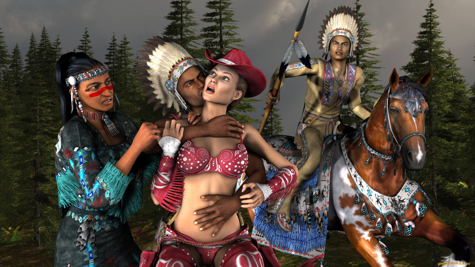 3д, графика, fantasy, фантазия, индейцы, лошадь, девущка