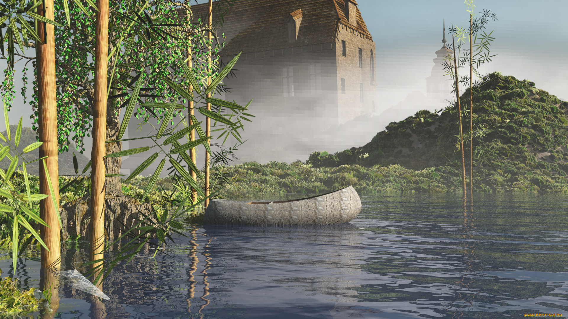 3д, графика, nature, landscape, природа, деревья, вода, лодка, дом