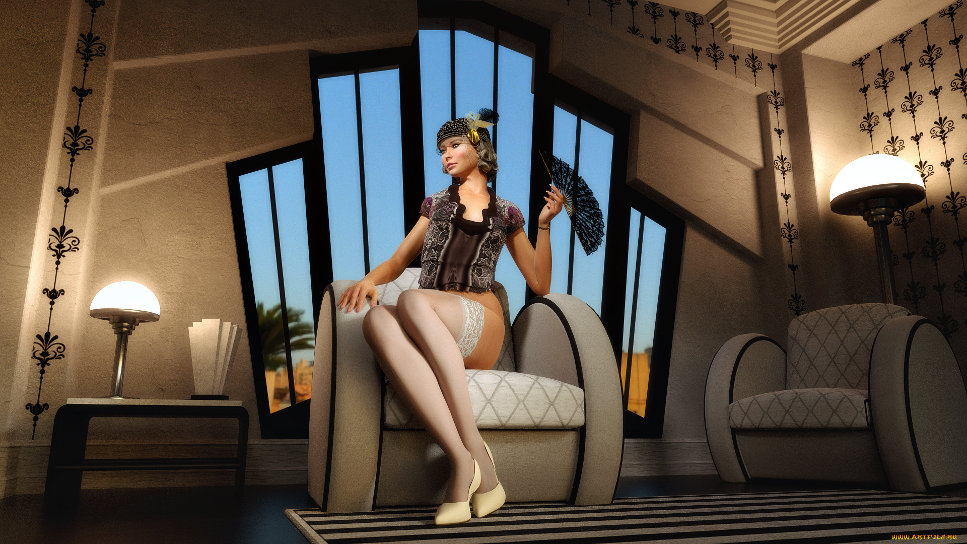 3д, графика, people, люди, комната, девушка, светильники, окно