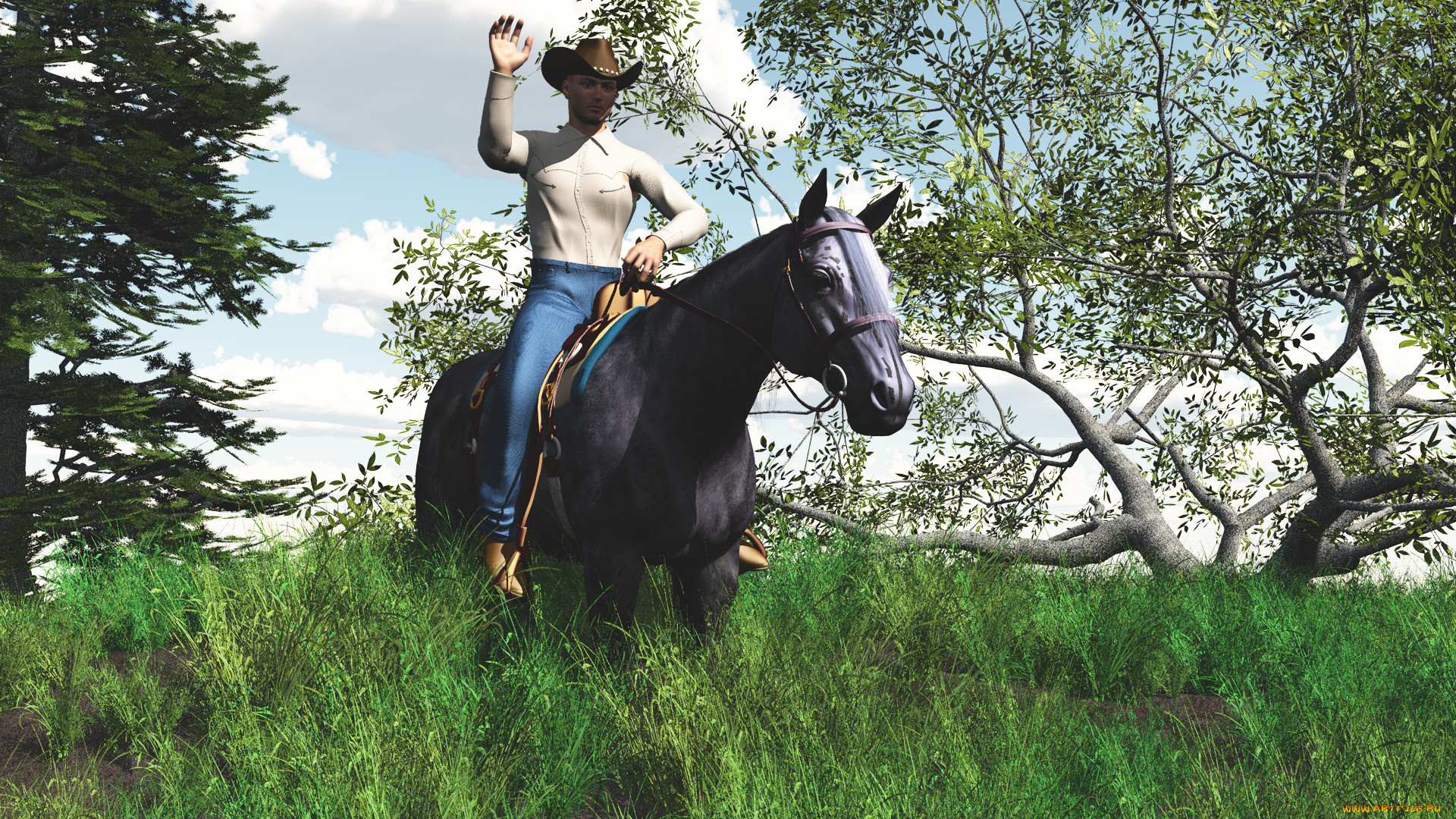 3д, графика, people, люди, лошадь, мужчина