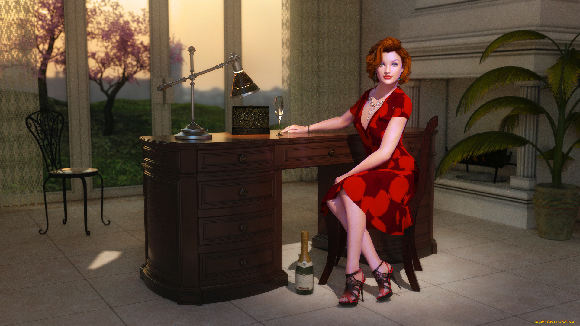 3д, графика, people, люди, стол, девушка, вино