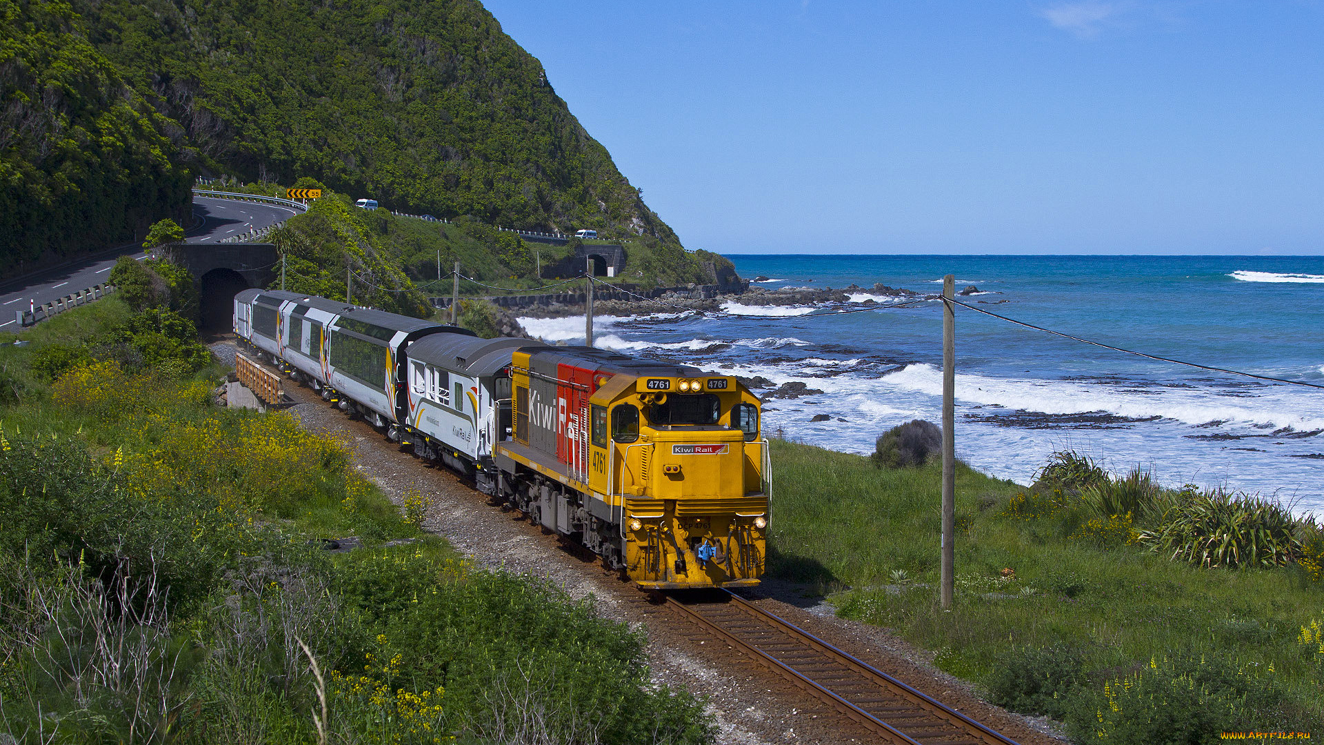 coastal, train, trip, техника, поезда, океан, побережье, рельсы, тоннель, поезд