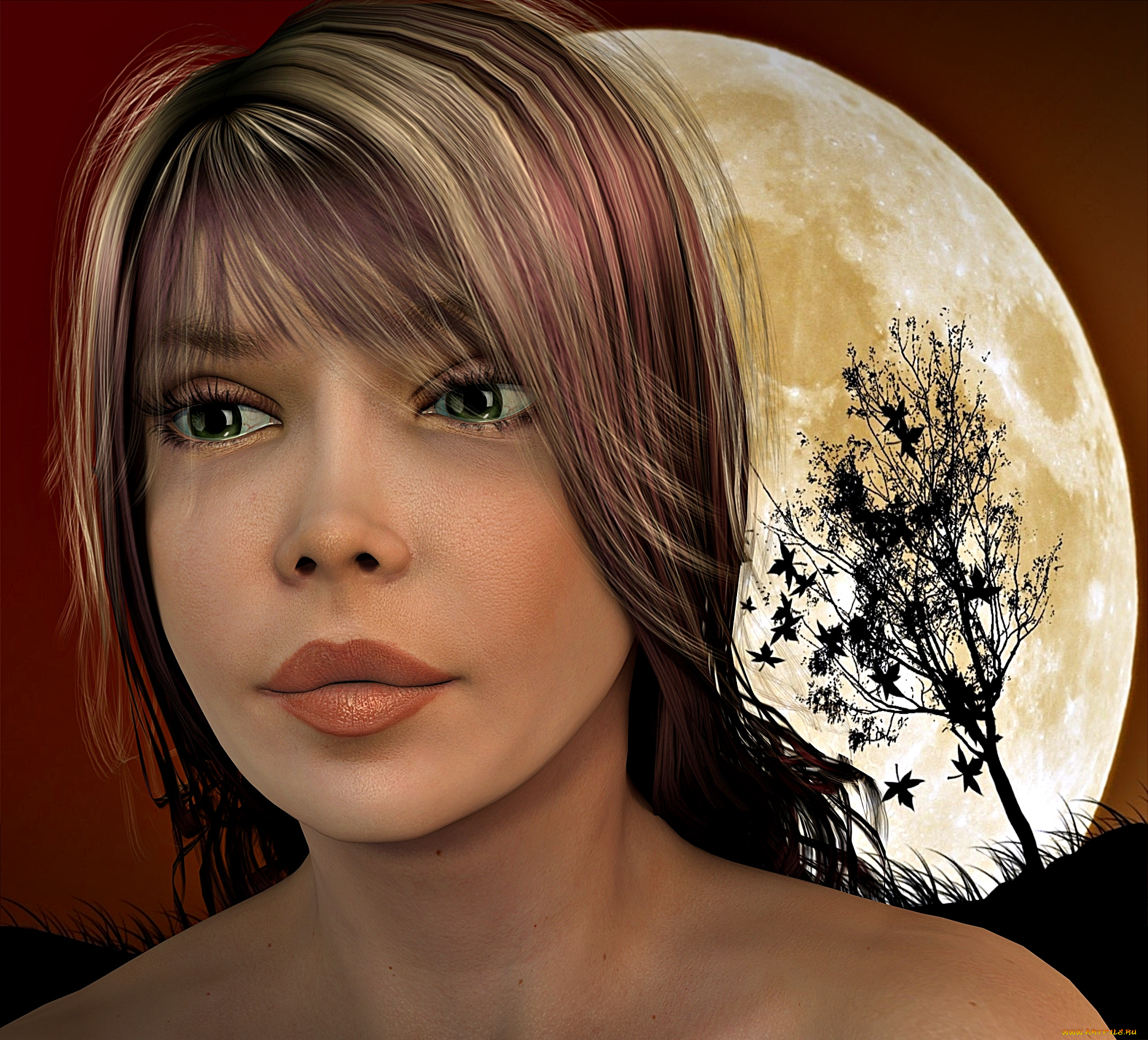 3д, графика, portraits, портрет, лицо, девушка, дерево