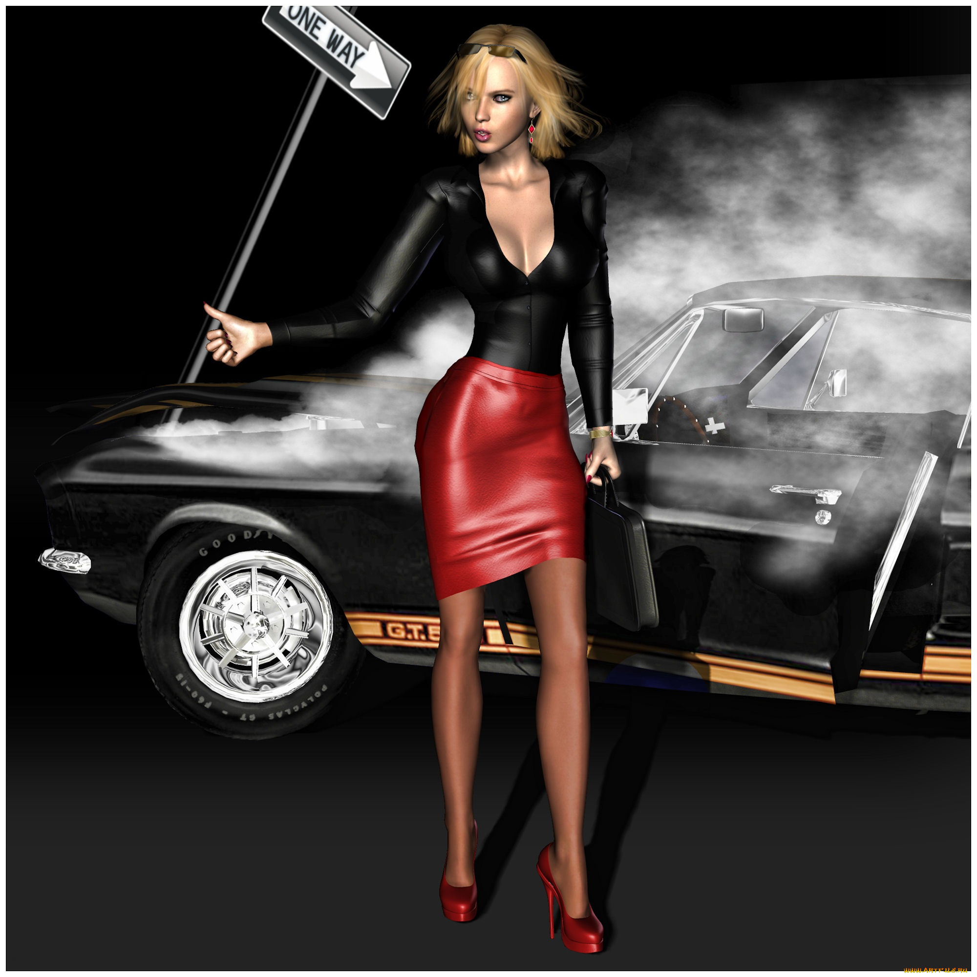 3д, графика, people, люди, девушка, автомобиль