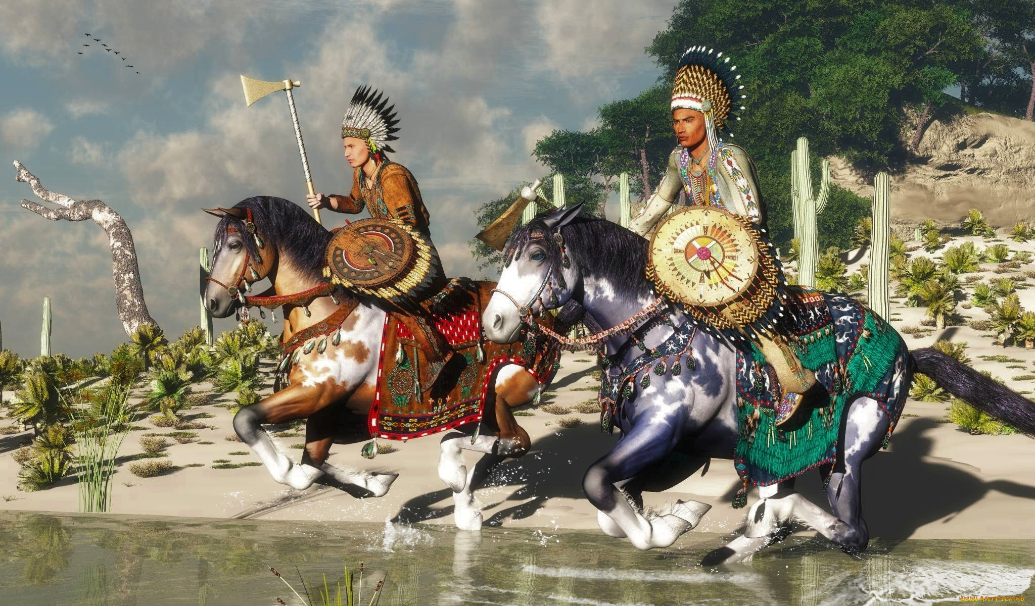 3д, графика, people, люди, лошади, индейцы