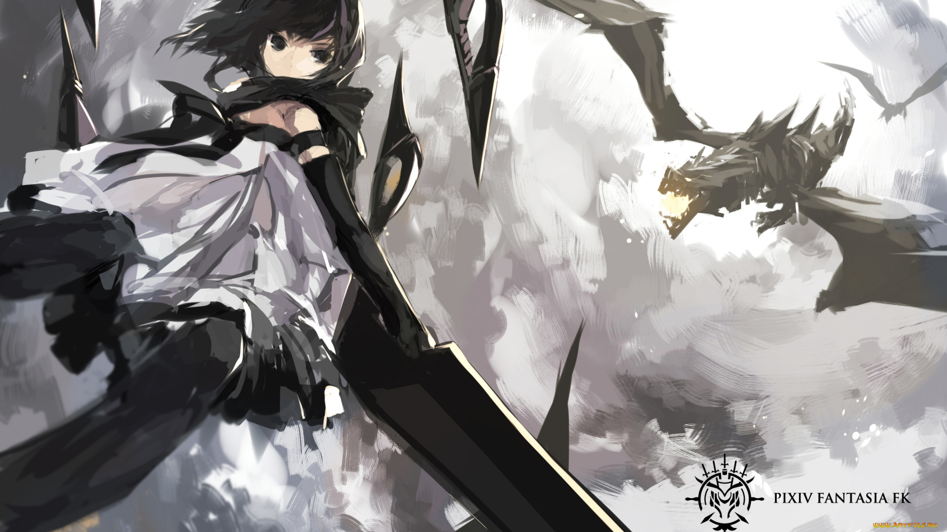 аниме, pixiv, fantasia, облака, небо, девушка, драконы, оружие, меч
