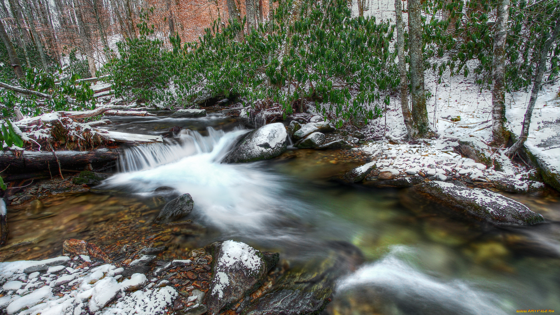 природа, зима, бревна, камни, лес, ручей, снег