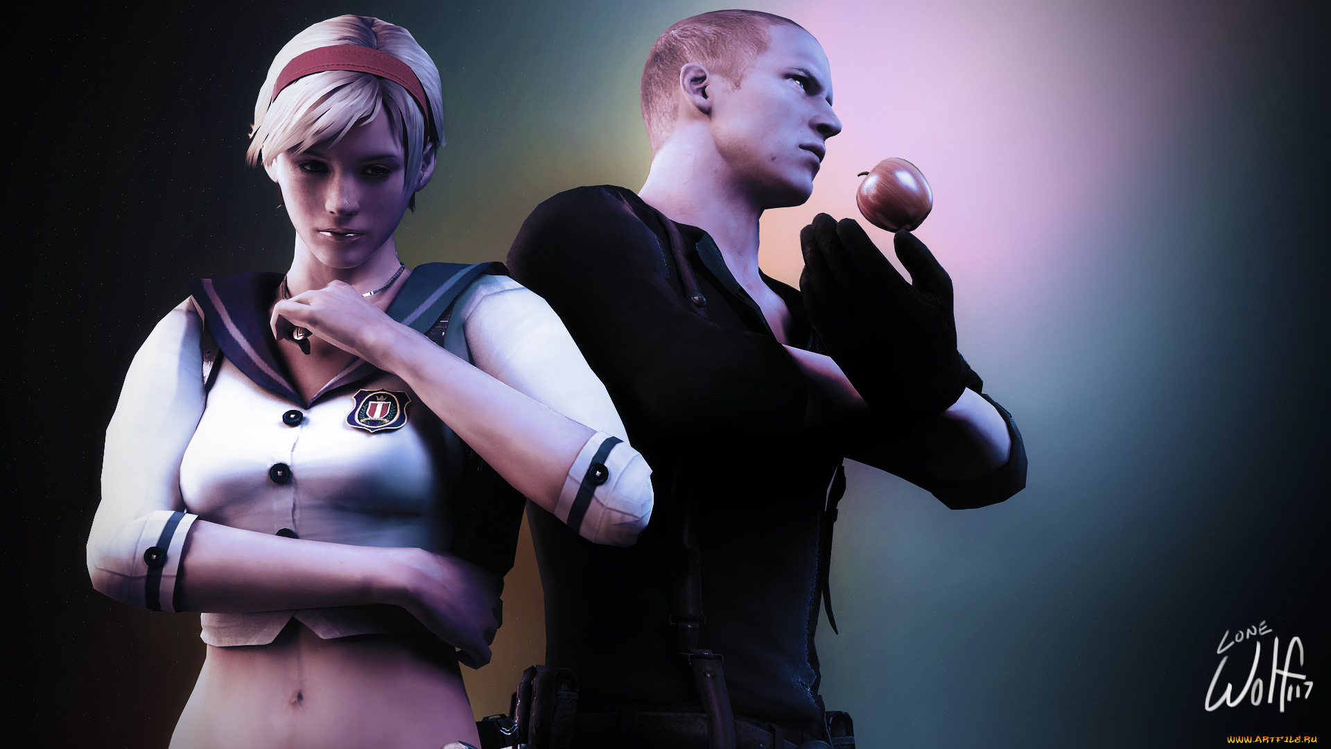 3д, графика, фантазия, , fantasy, фон, взгляд, девушка, яблоко, мужчина