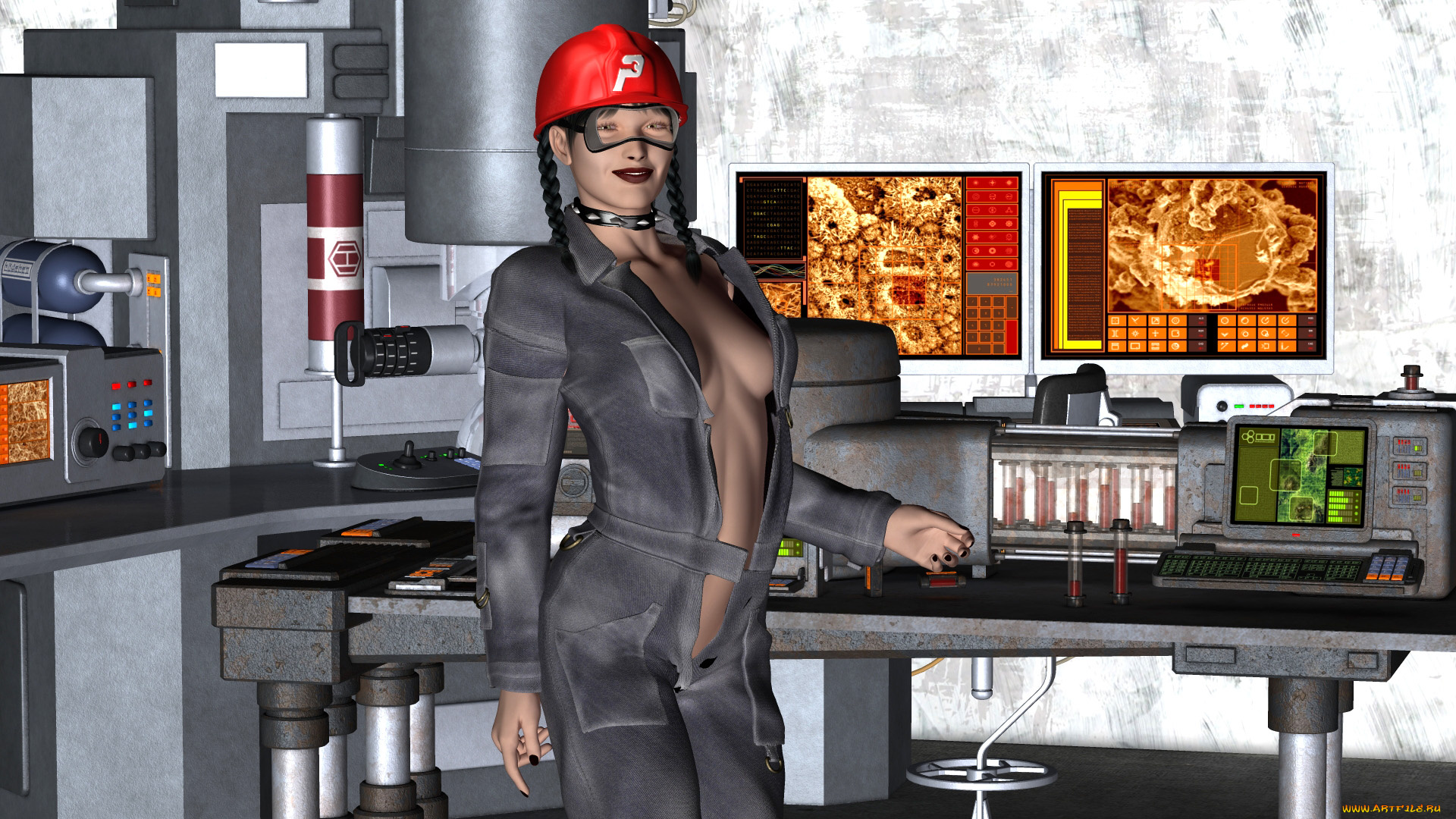 3д, графика, люди, , people, лаборатория, фон, взгляд, пробирки, девушка