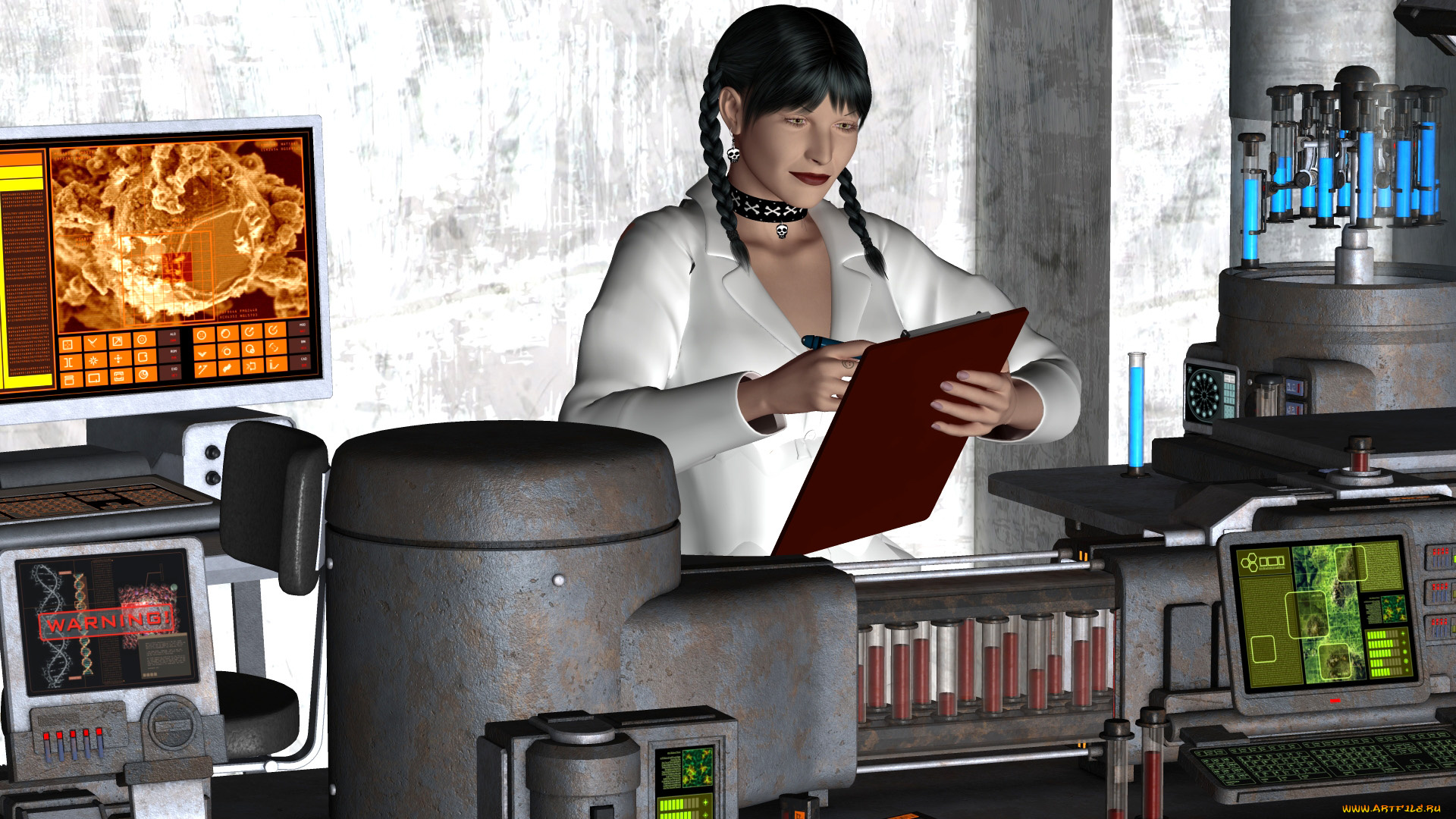 3д, графика, люди, , people, взгляд, девушка, пробирки, лаборатория, фон