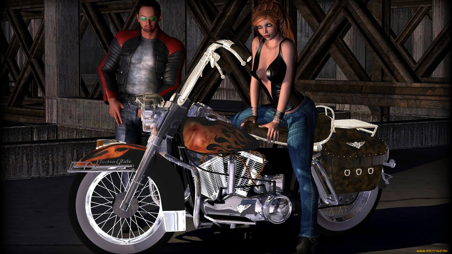 мотоциклы, 3d, фон, мотоцикл, мужчина, девушка, взгляд