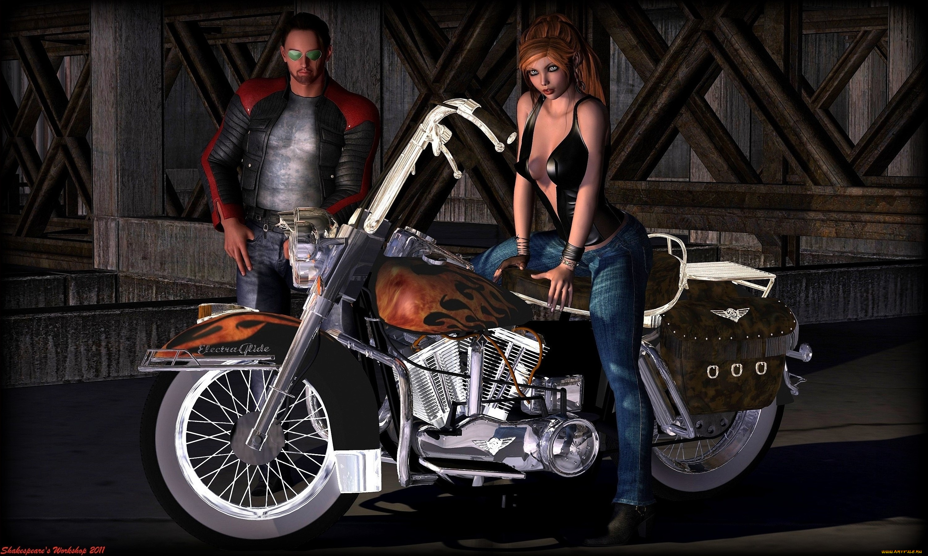 мотоциклы, 3d, фон, мотоцикл, мужчина, девушка, взгляд