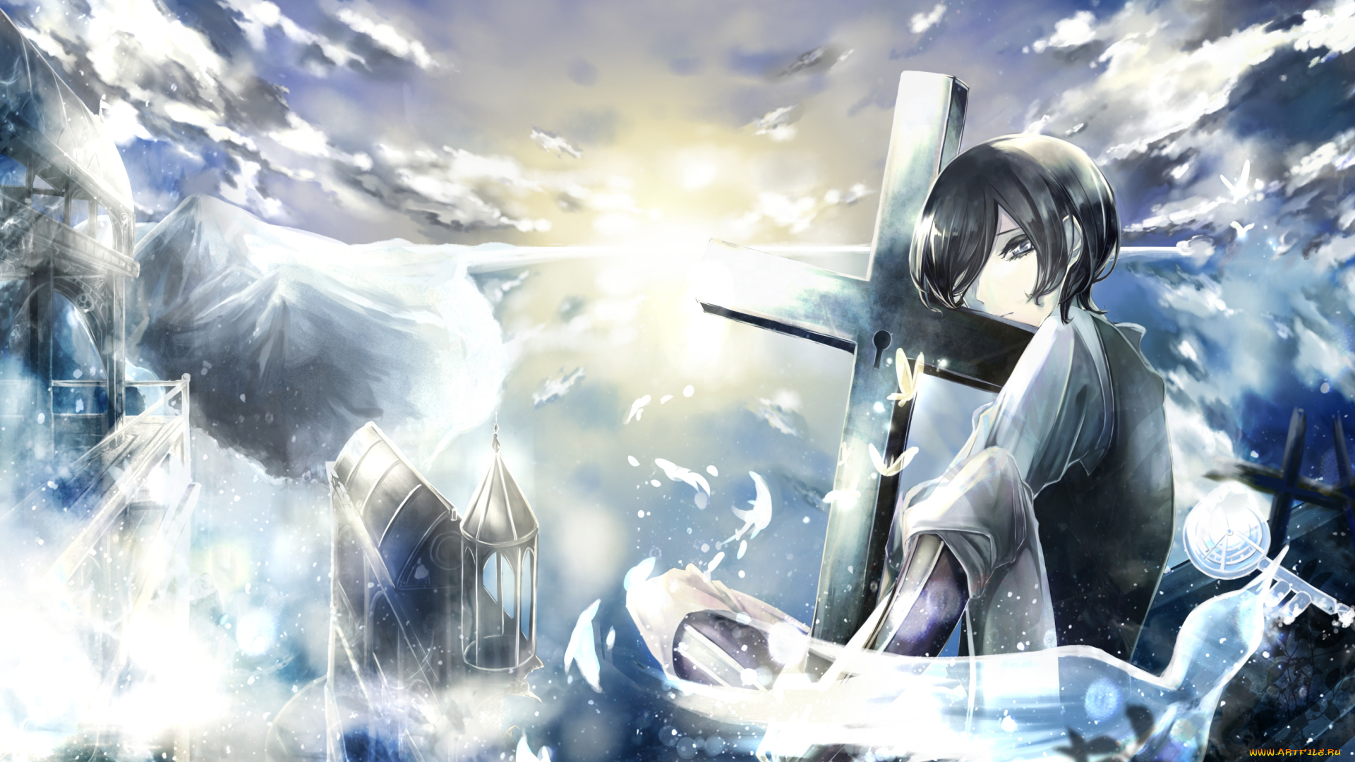 аниме, город, , улицы, , здания, tamakitouwa, арт, облака, парень, крест