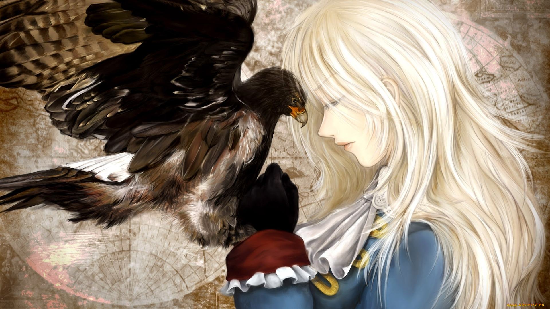 аниме, hetalia, , axis, powers, axis, powers, prussia, девушка, птица, ястреб, профиль, карта