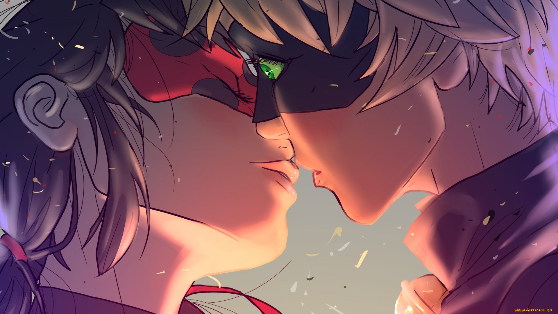 аниме, miraculous, ladybug, арт, invisibleninja12, miraculous, ladybug, marinette, cheng, adrien, agreste, chat, noir, девушка, парень, маска, двое, поцелуй