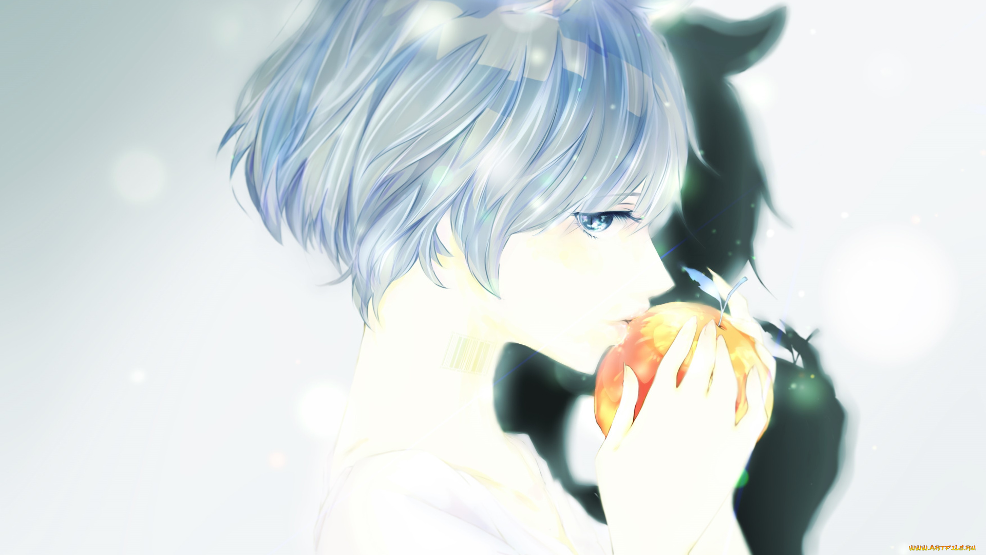 аниме, unknown, , другое, арт, john-n, девушка, яблоко, фрукт, тень, ушки, штрих-код