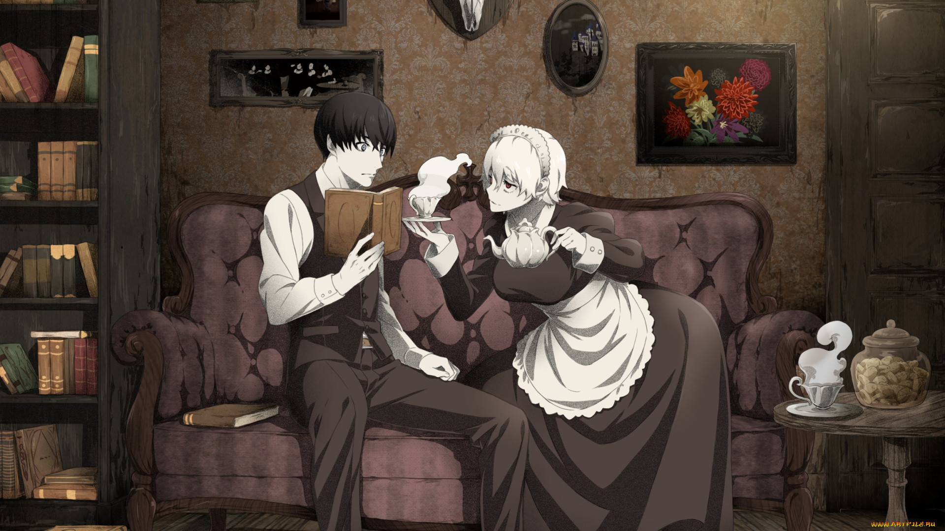 аниме, unknown, , другое, череп, парень, девушка, комната, arisawa, kuro