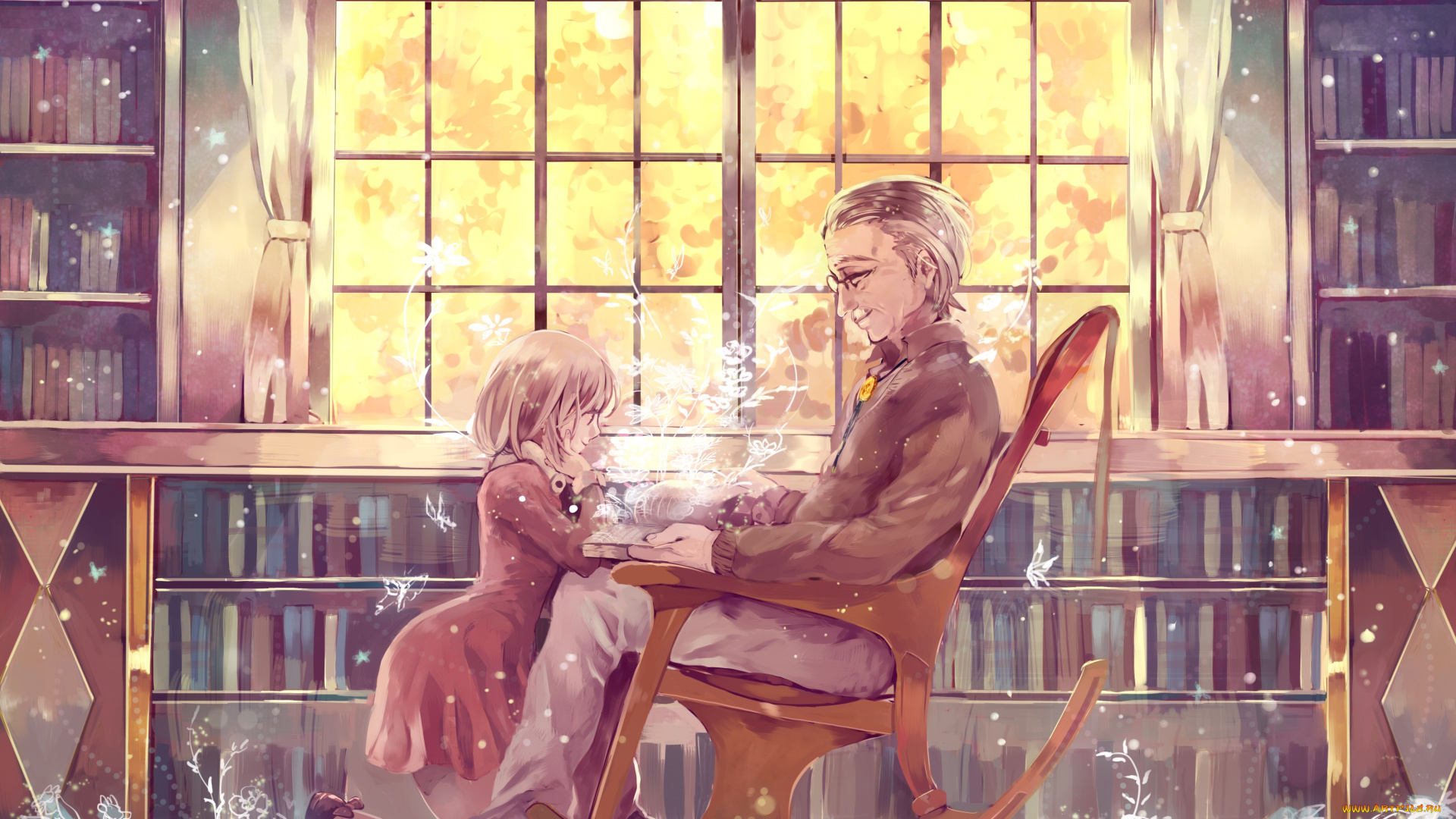 аниме, unknown, , другое, toryufu, арт, дедушка, цветы, девочка, книга