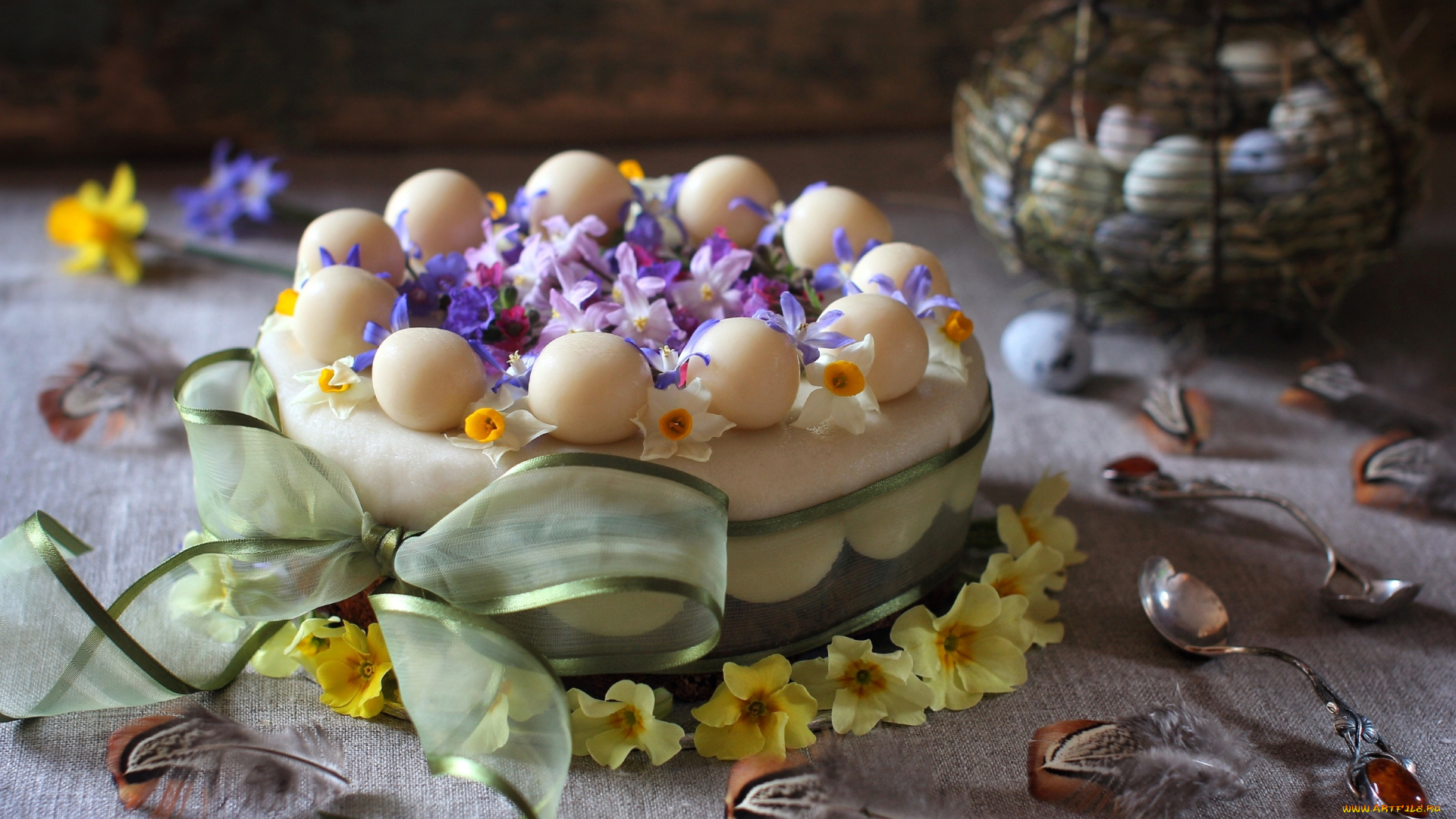 еда, торты, перья, бант, цветы, торт, весна, примула, яйца, ложка