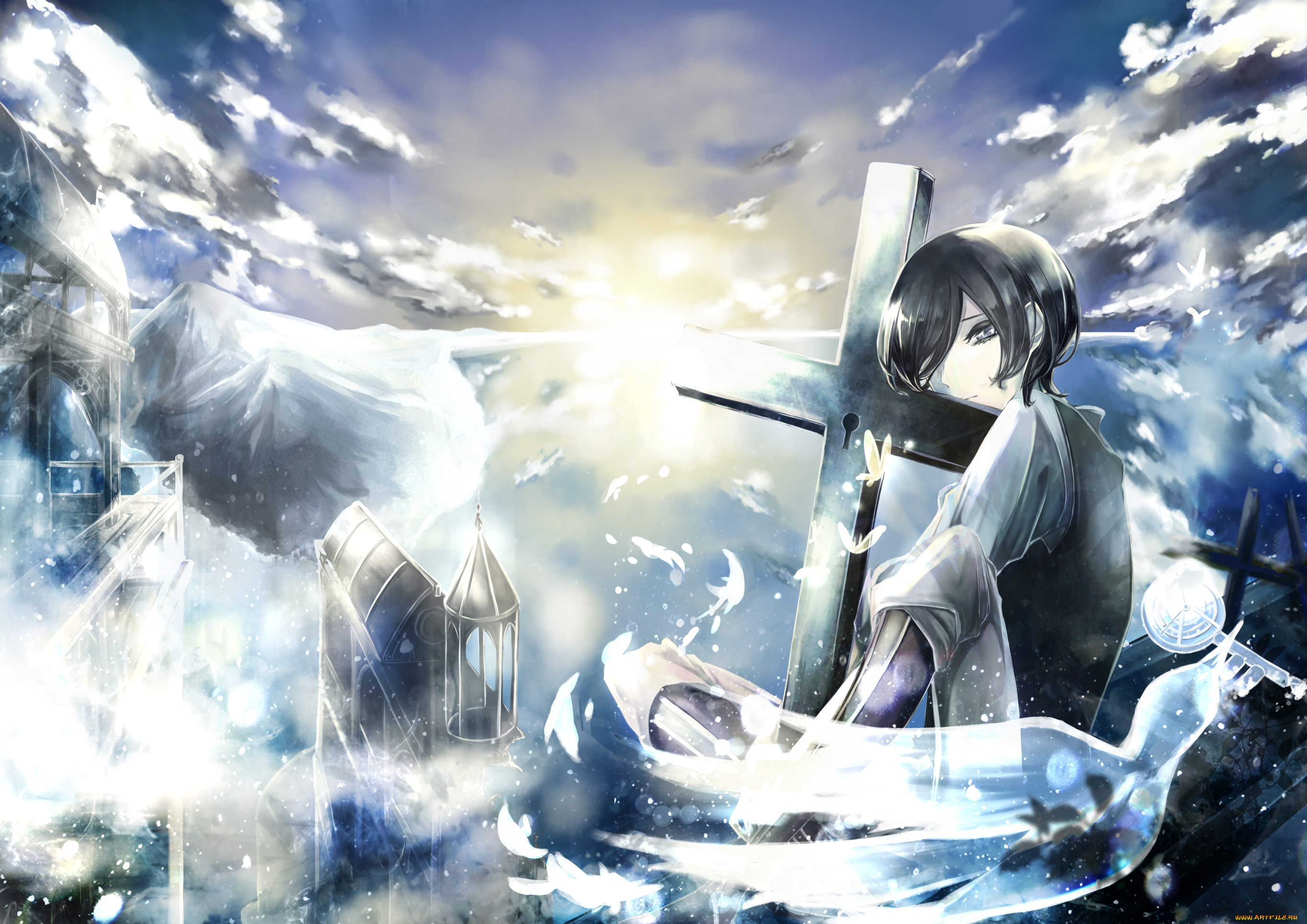 аниме, город, , улицы, , здания, tamakitouwa, арт, облака, парень, крест