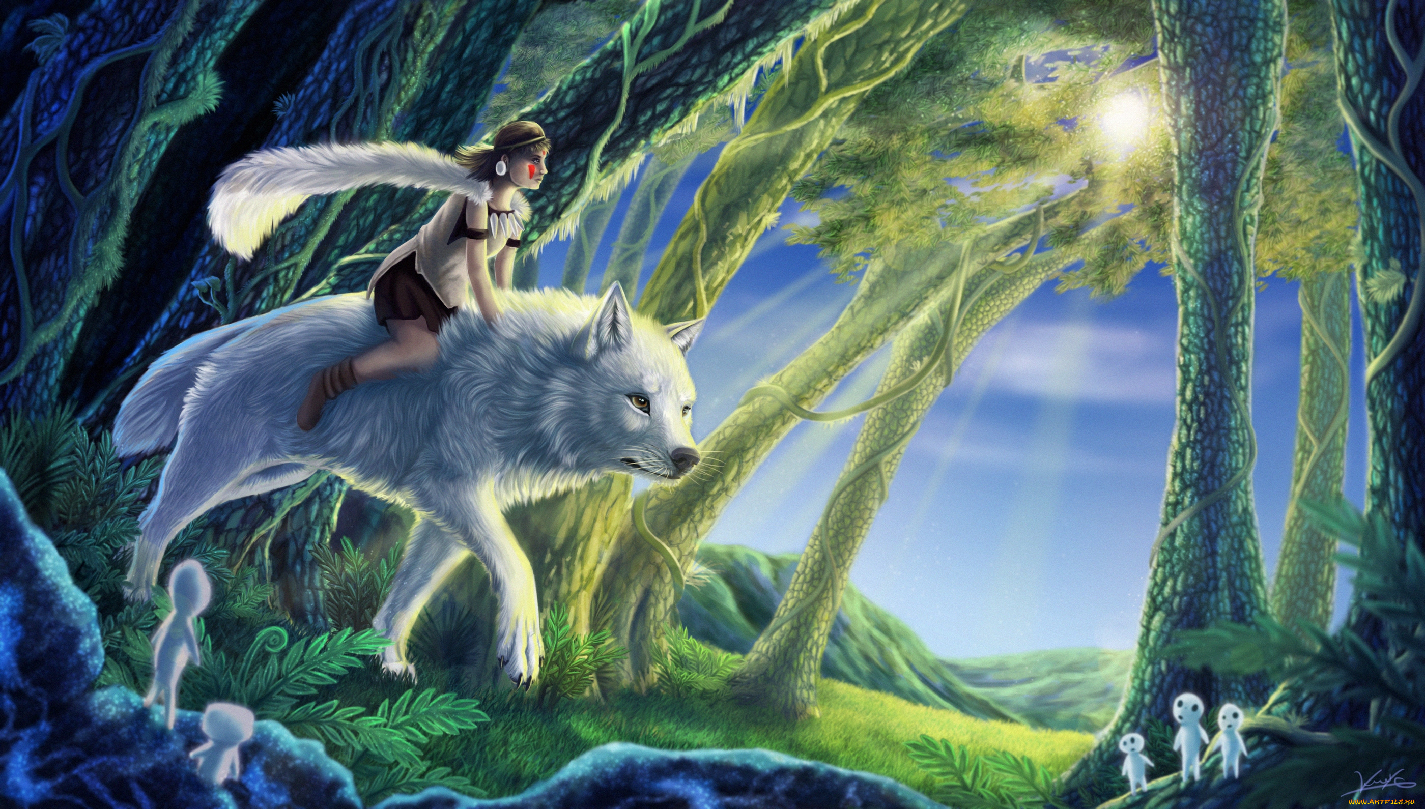 фэнтези, красавицы, и, чудовища, лес, девушка, существа, волк