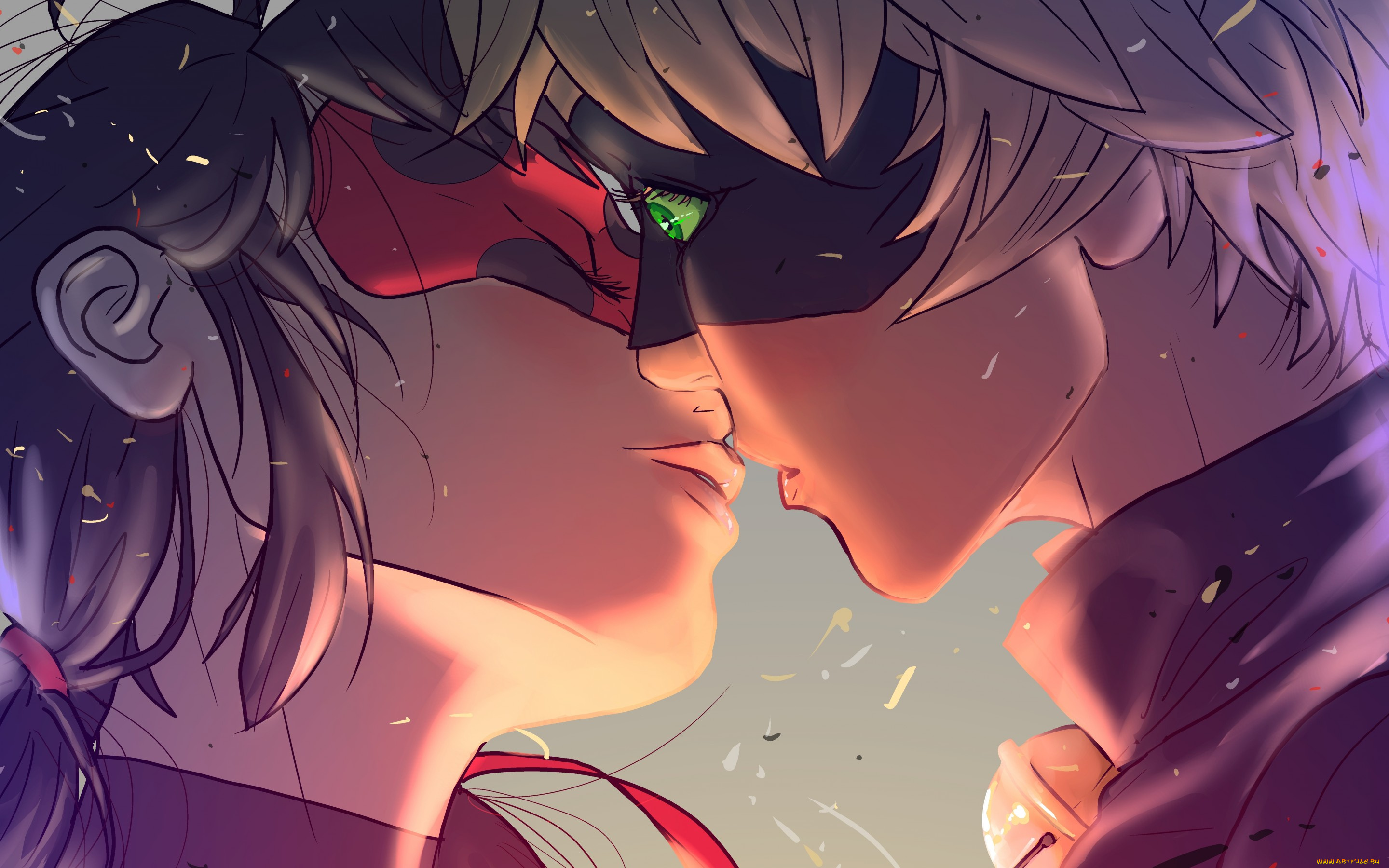 аниме, miraculous, ladybug, арт, invisibleninja12, miraculous, ladybug, marinette, cheng, adrien, agreste, chat, noir, девушка, парень, маска, двое, поцелуй