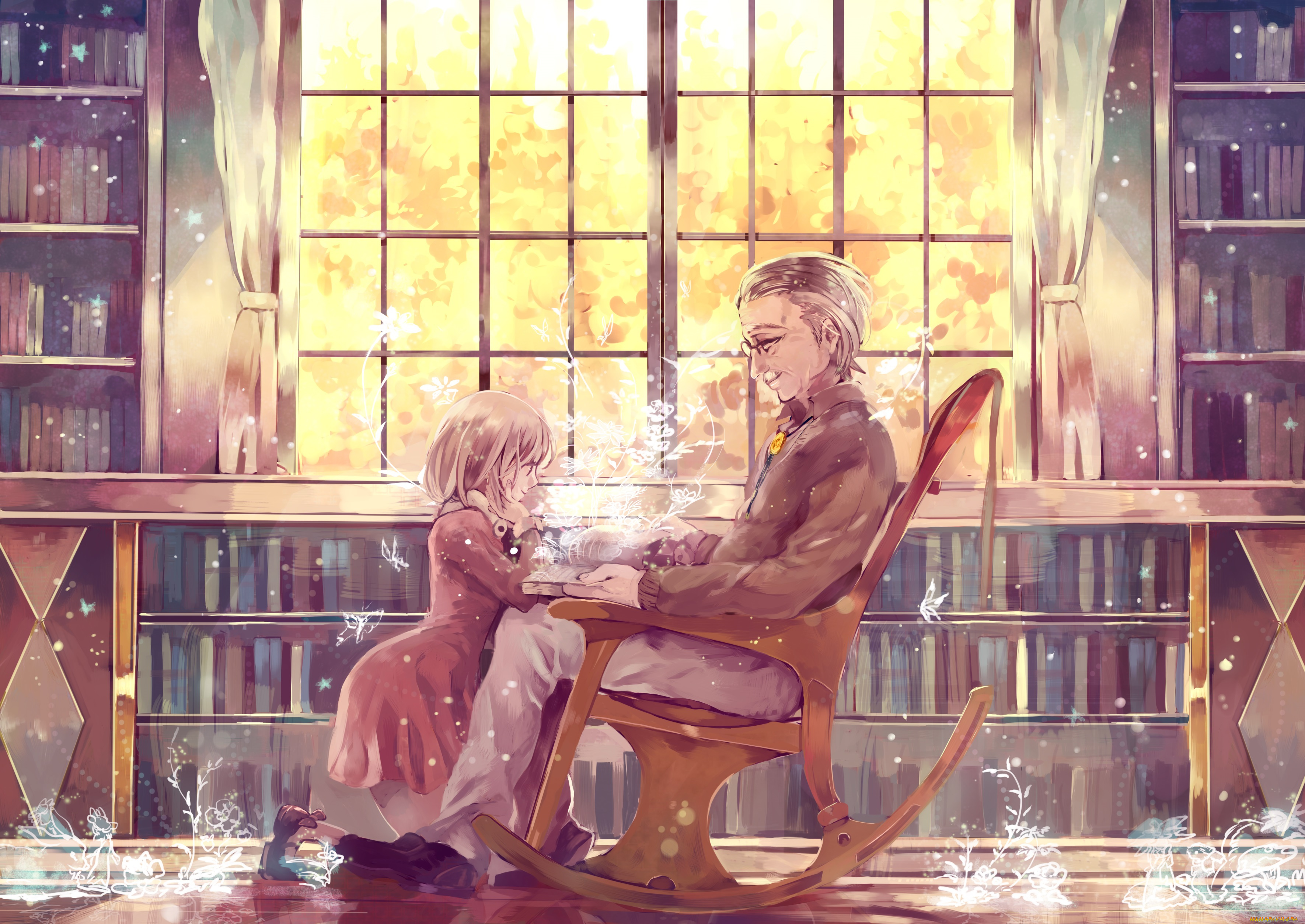 аниме, unknown, , другое, toryufu, арт, дедушка, цветы, девочка, книга