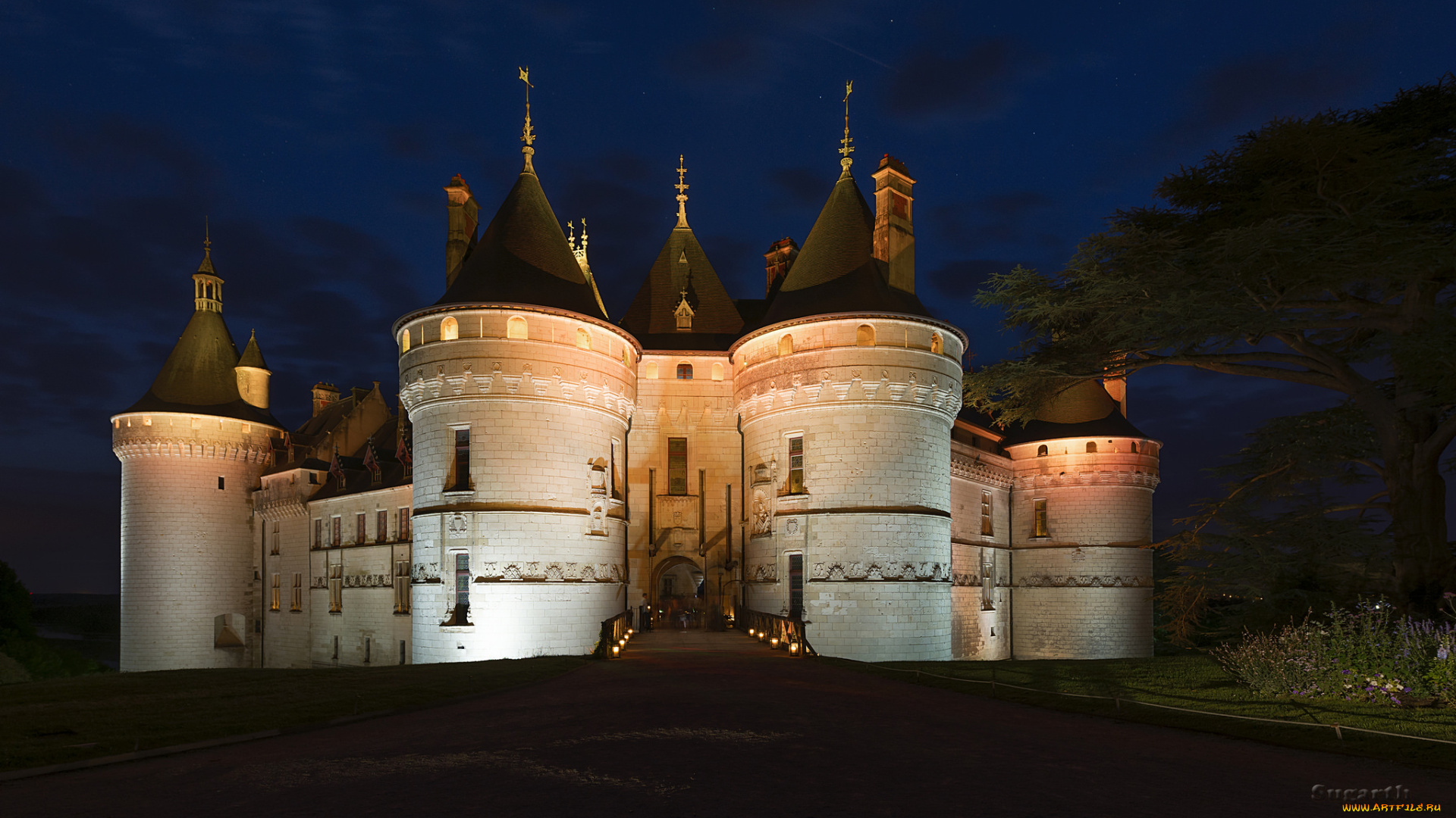 chaumont, sur, loire, castle, города, замки, франции, ночь, огни