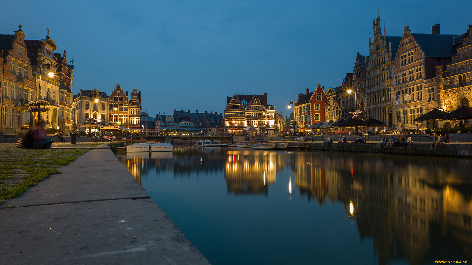 города, гент, , бельгия, гент, дома, люди, фландрия, огни, канал, ночь, небо, набережная