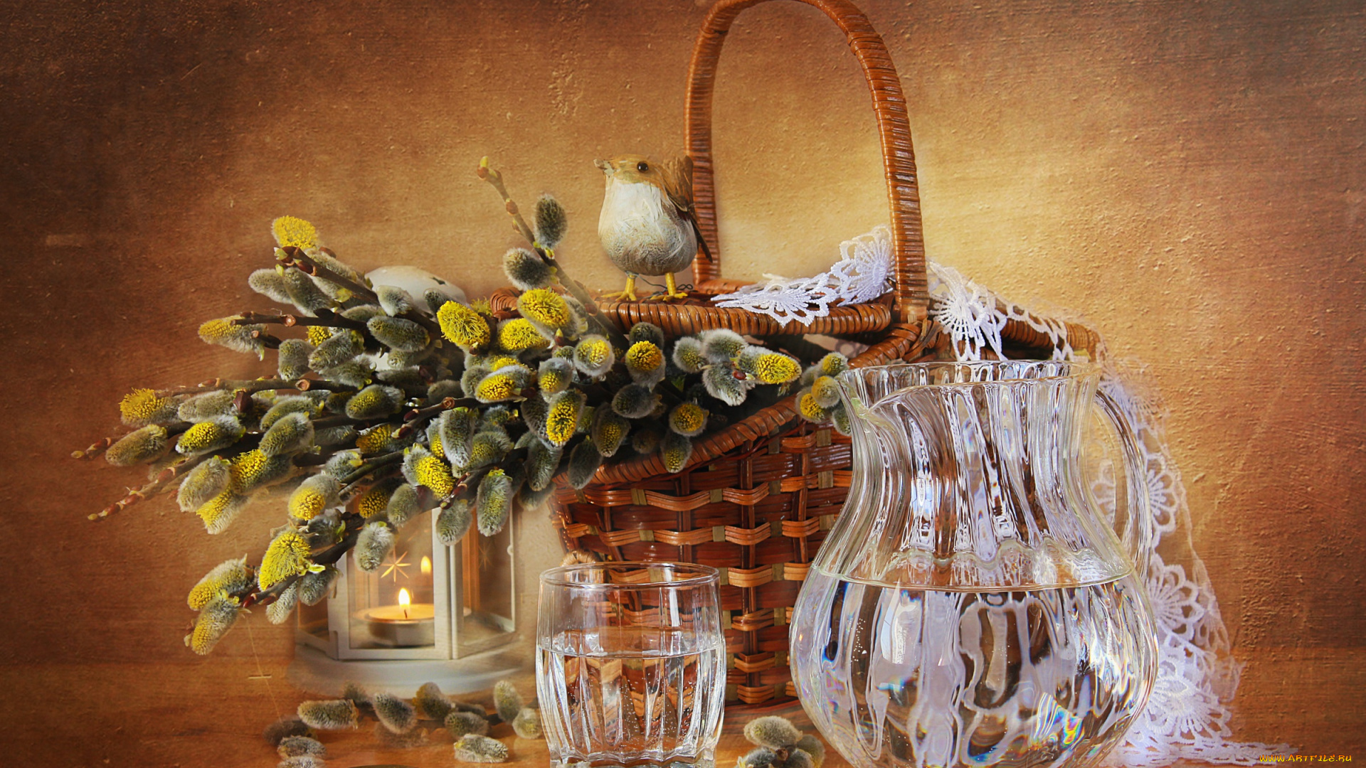 рисованное, -, другое, верба, графин, вода, стакан