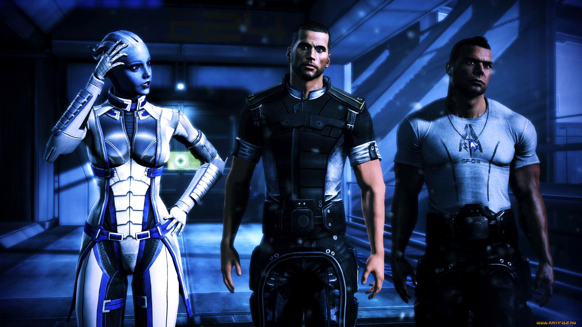 видео, игры, mass, effect, 3, разговор, коридор, девушка, парни, персонажи