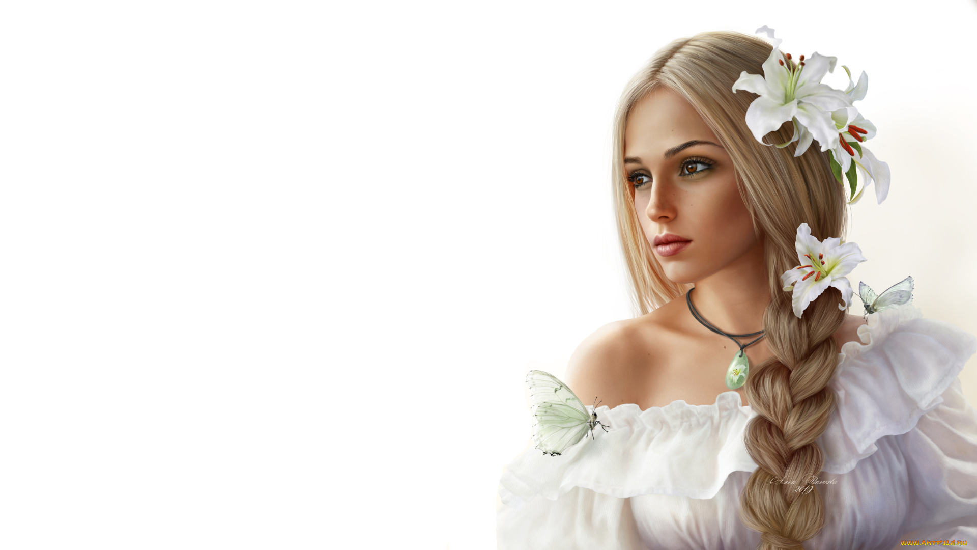 3д, графика, люди, , people, девушка, фон, взгляд, коса, цветок, бабочка