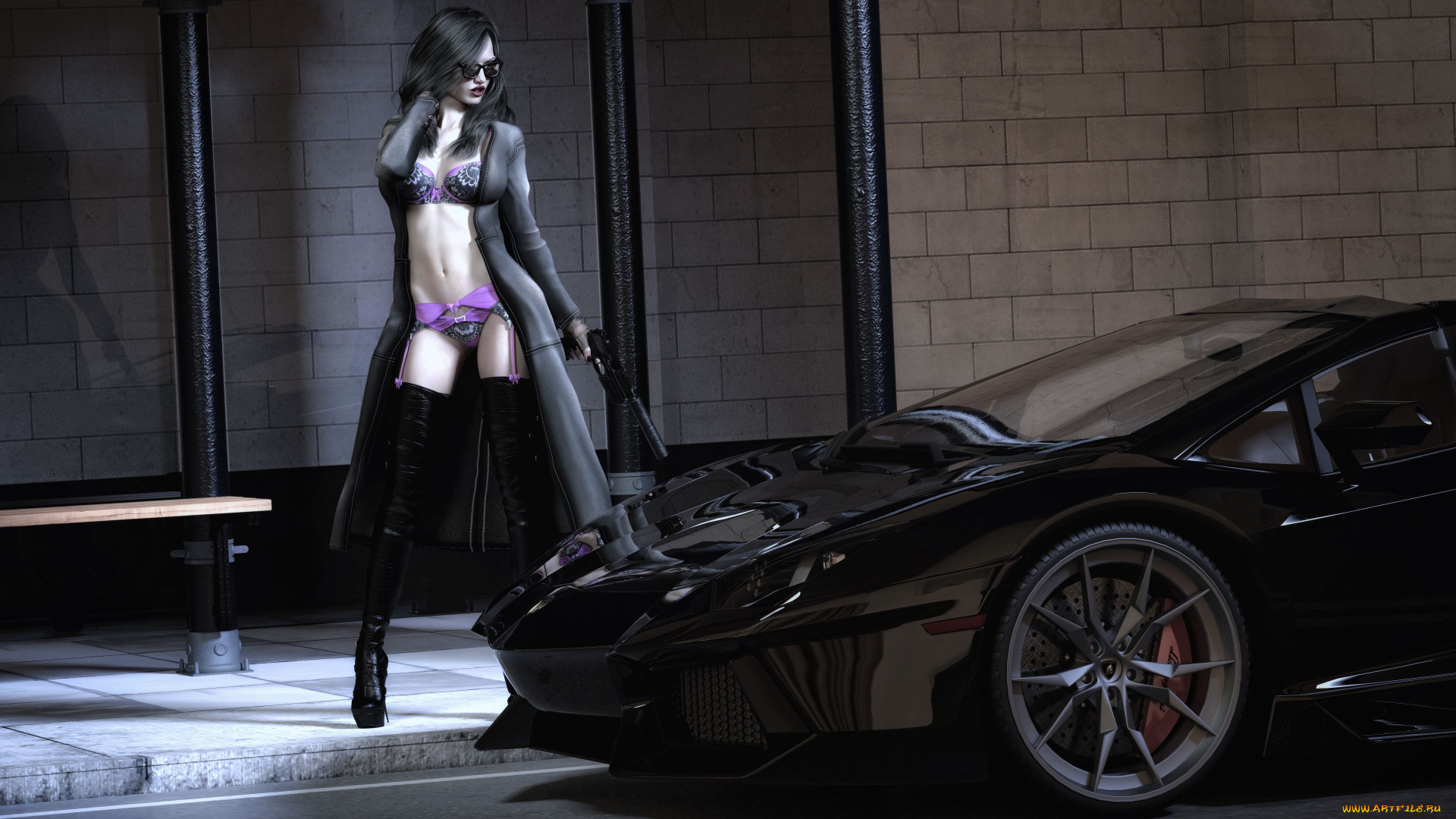 3д, графика, люди-авто, мото, , people-, car, , , moto, девушка, фон, плащ, бельё, ботфорты, автомобиль