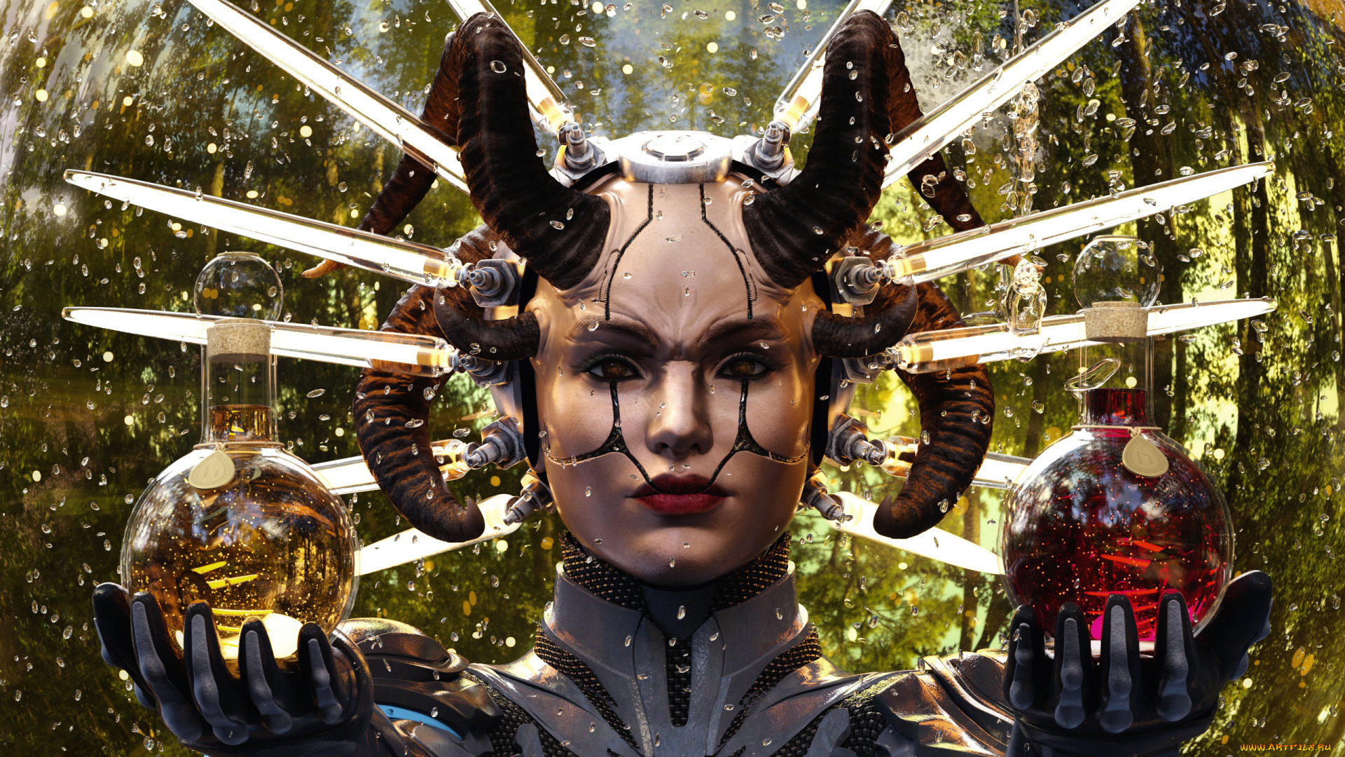 3д, графика, существа, , creatures, девушка, фон, взгляд, рога, жидкость, колба