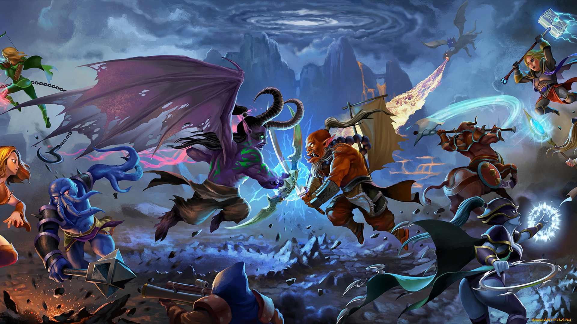 видео, игры, dota, 2, девушки, фон, существа, бой