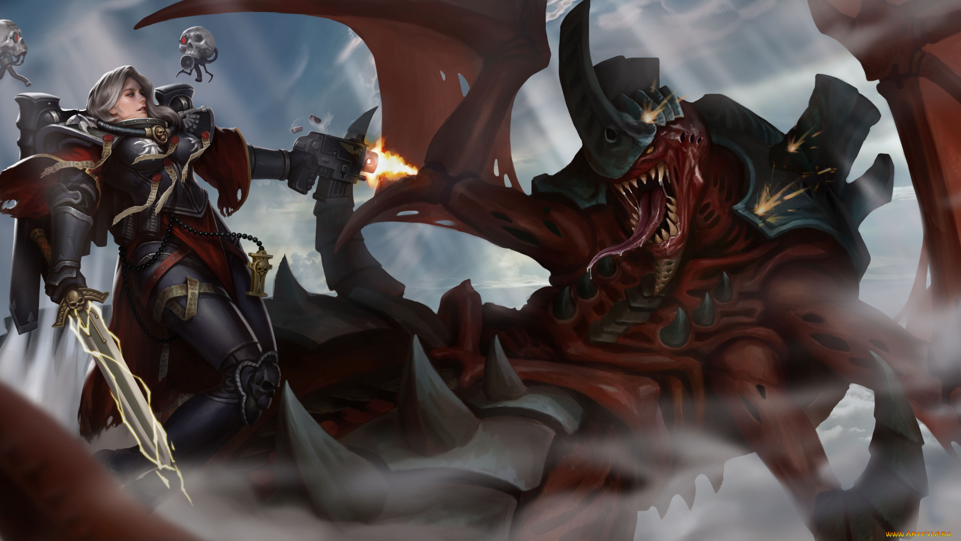 видео, игры, warhammer, 40k, девушка, фон, униформа, существо, меч