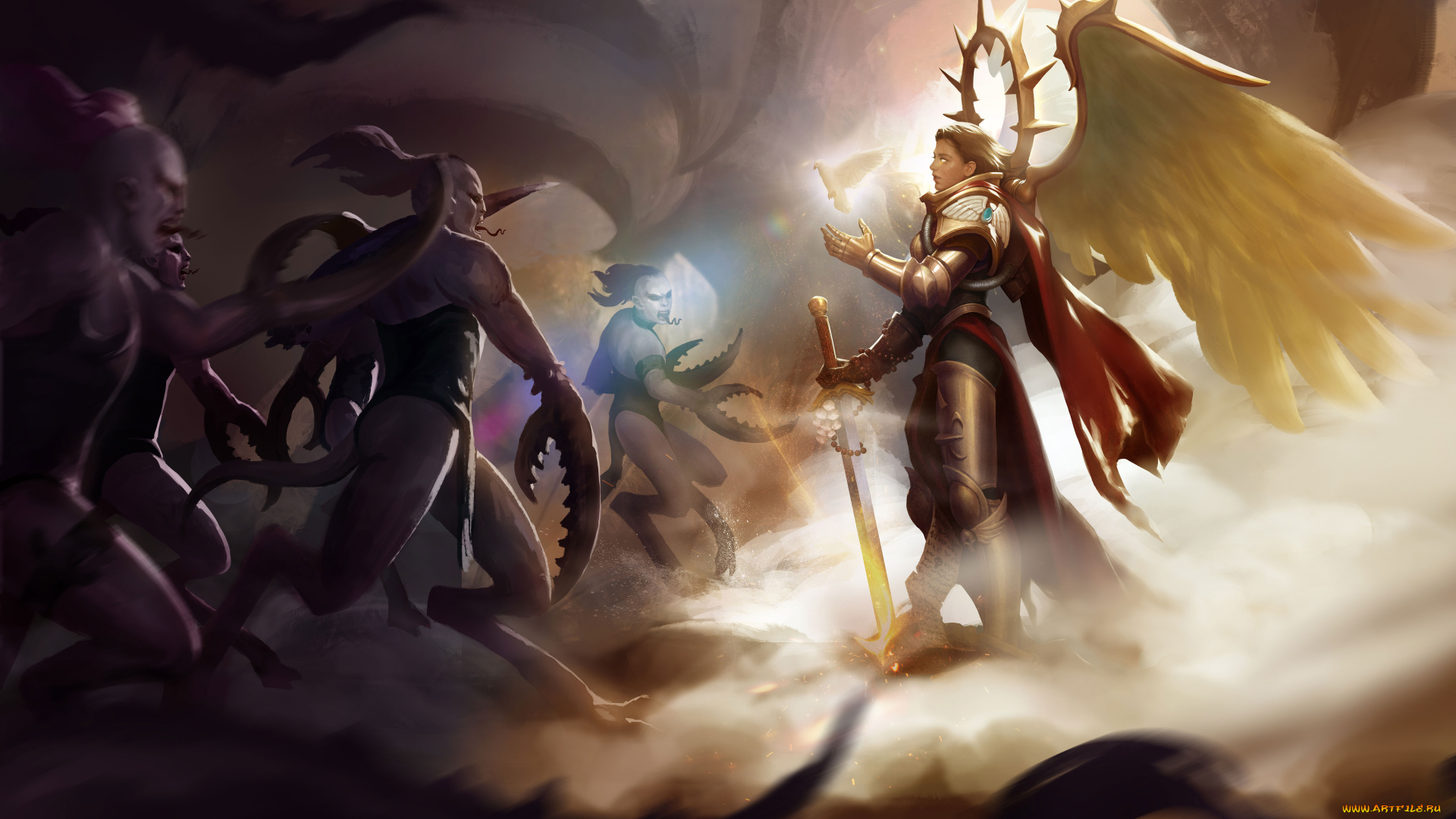 warhammer, 40k, видео, игры, девушка, фон, существа, латы, меч