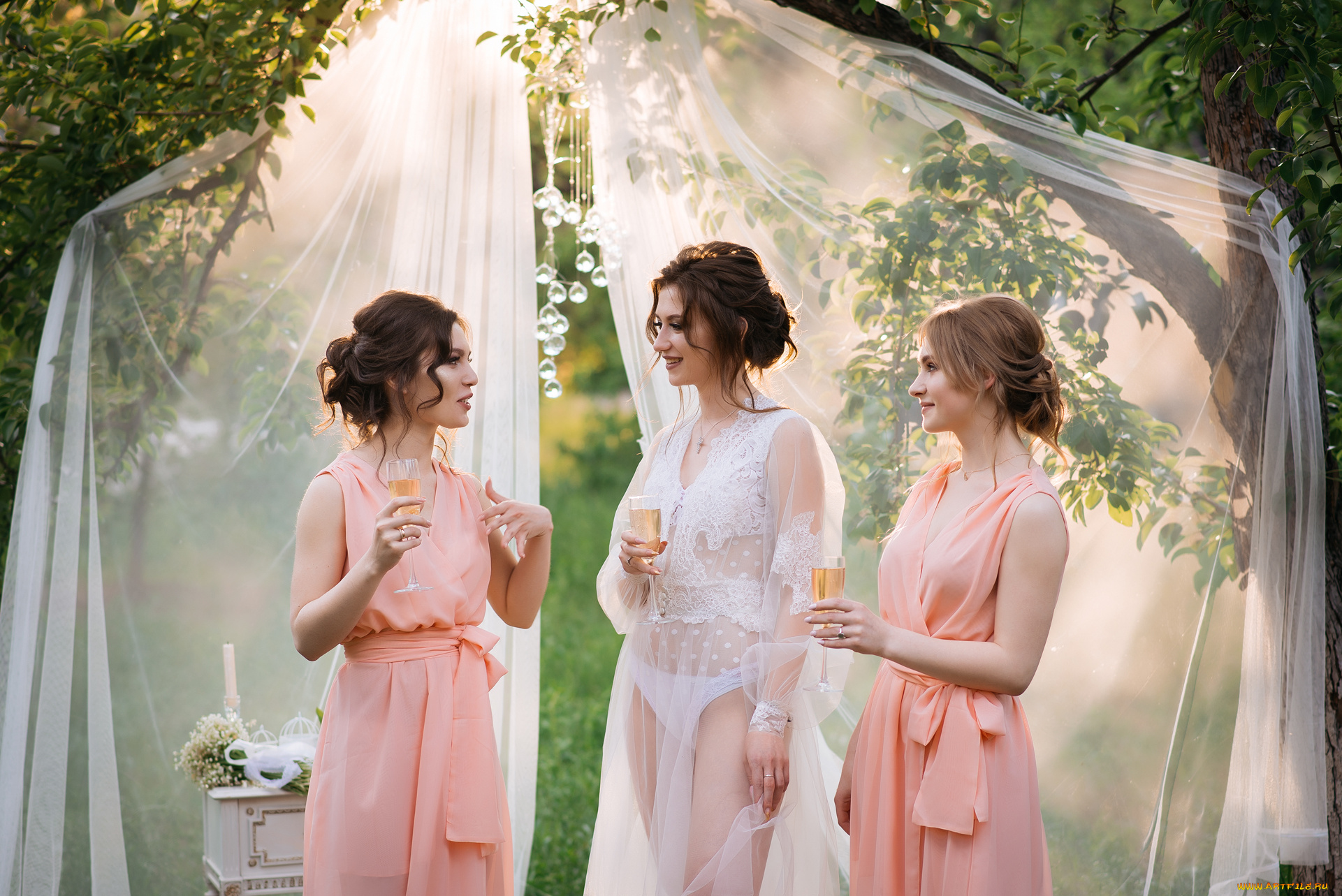 девушки, -, группа, девушек, подружки, невеста, бокалы, вино