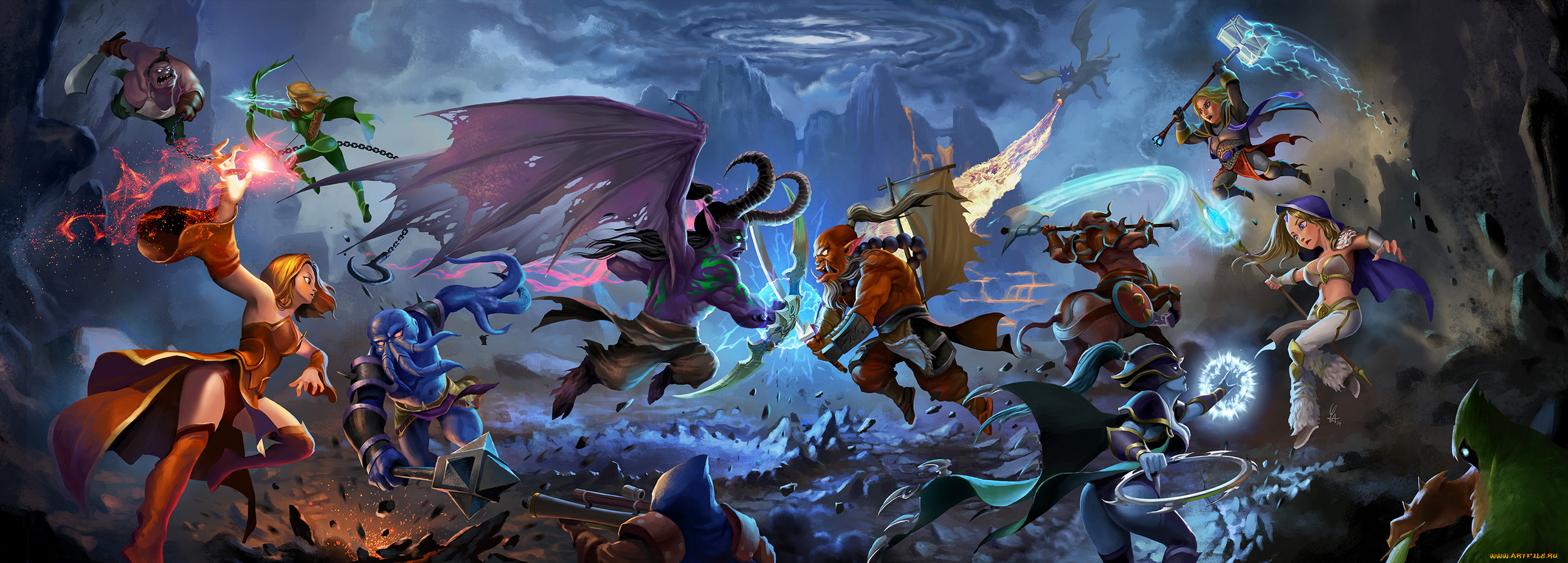 видео, игры, dota, 2, девушки, фон, существа, бой