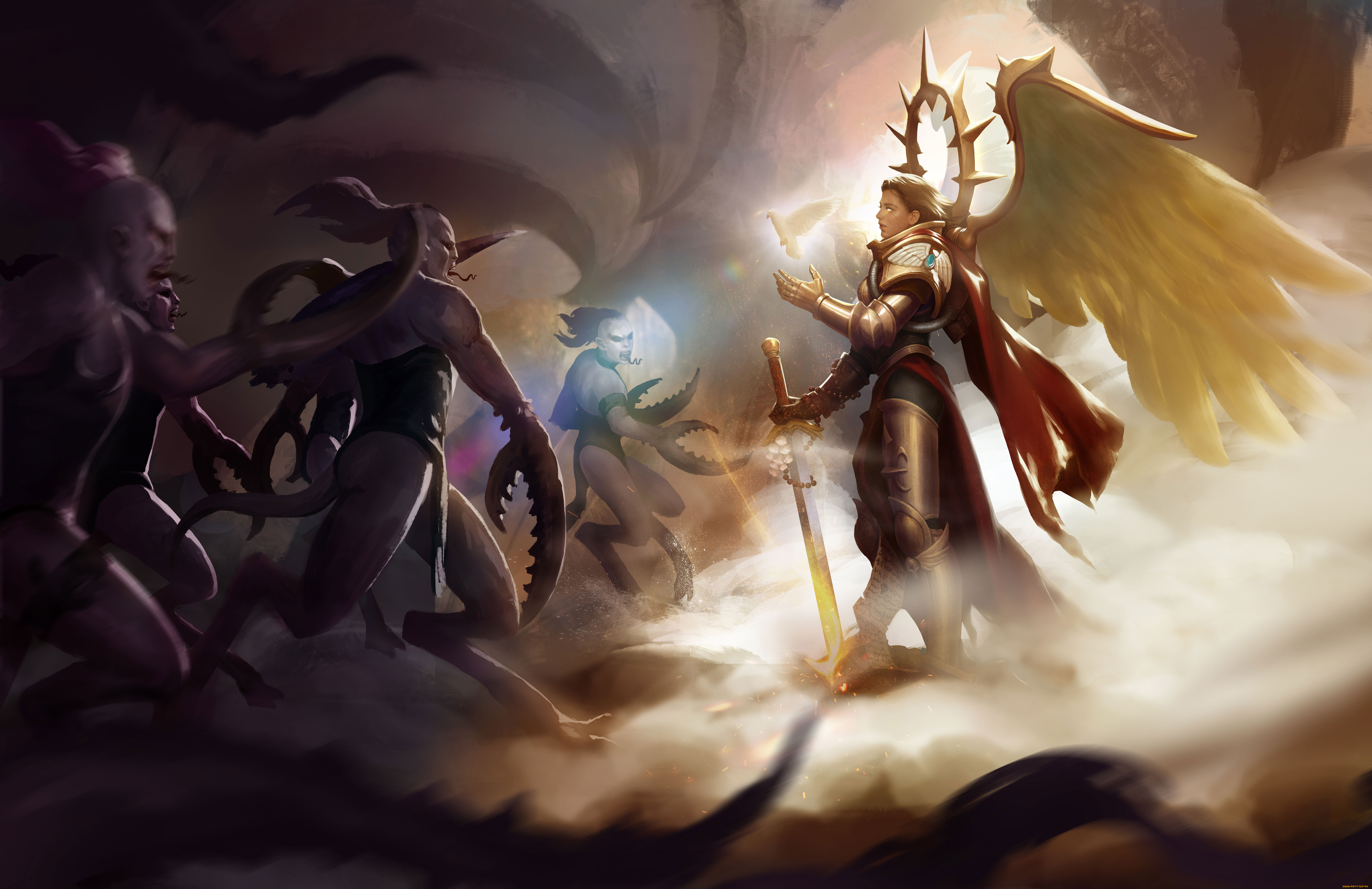 warhammer, 40k, видео, игры, девушка, фон, существа, латы, меч