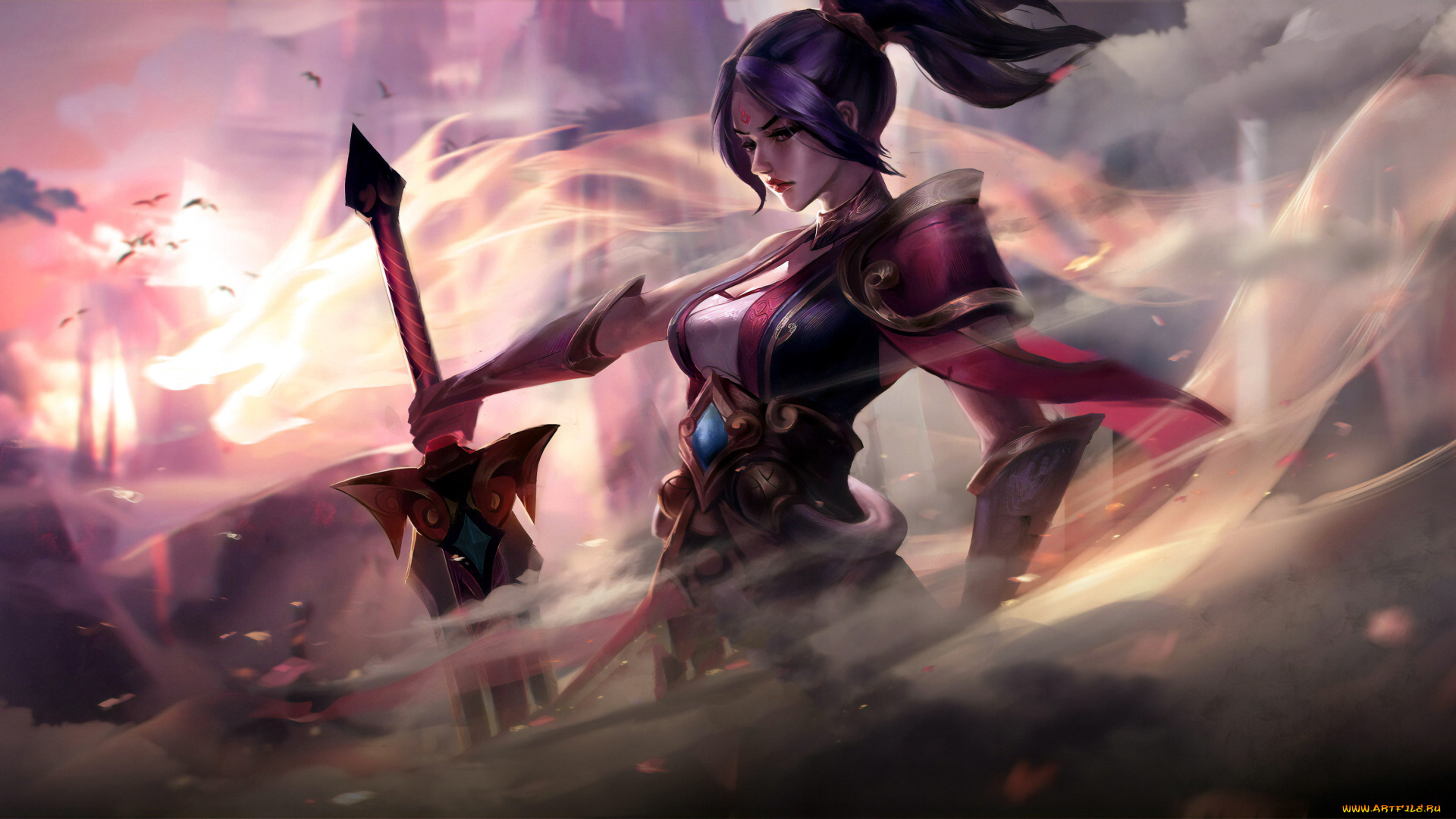 видео, игры, league, of, legends, девушка, меч, магия, riven