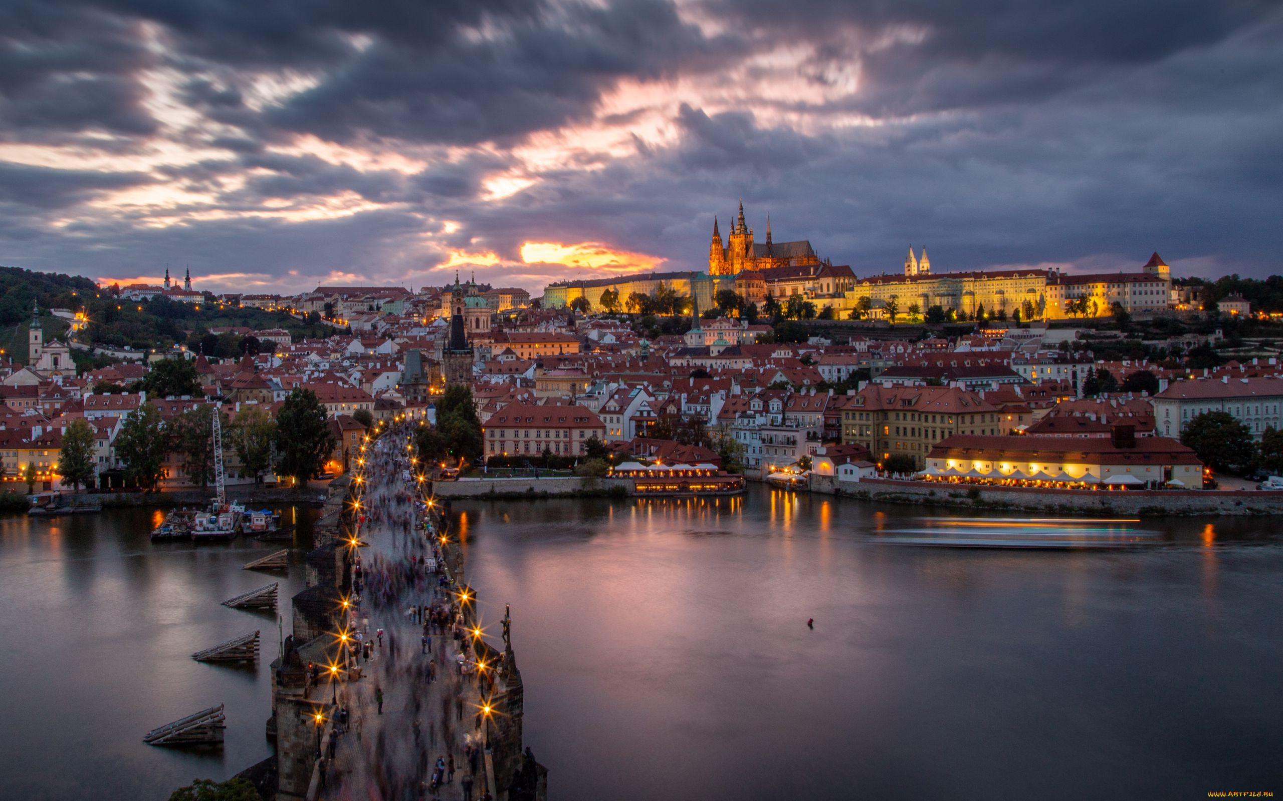 города, прага, , чехия, река, влтава, мост, вечер, огни