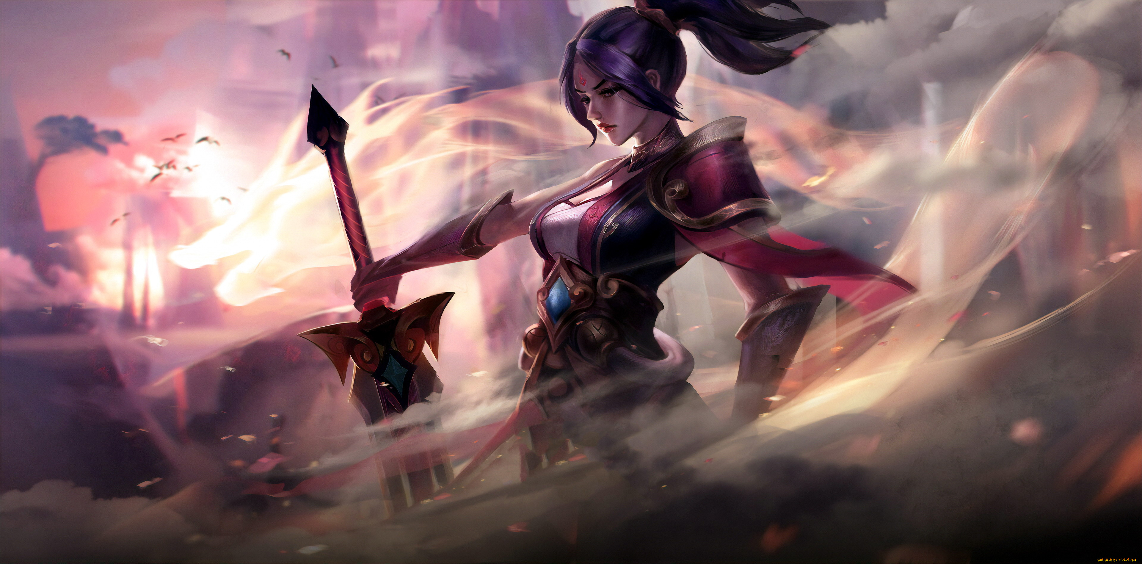 видео, игры, league, of, legends, девушка, меч, магия, riven