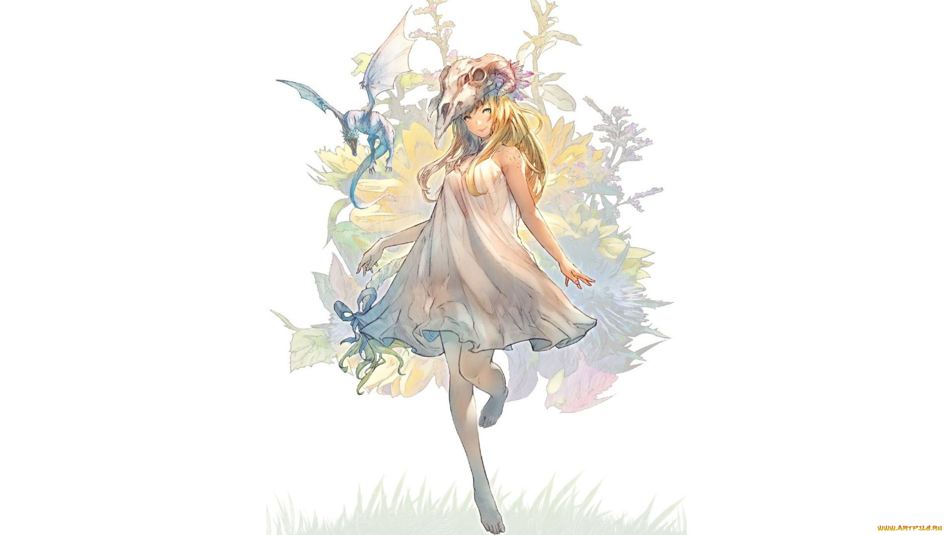 аниме, животные, , существа, девушка, череп, дракон