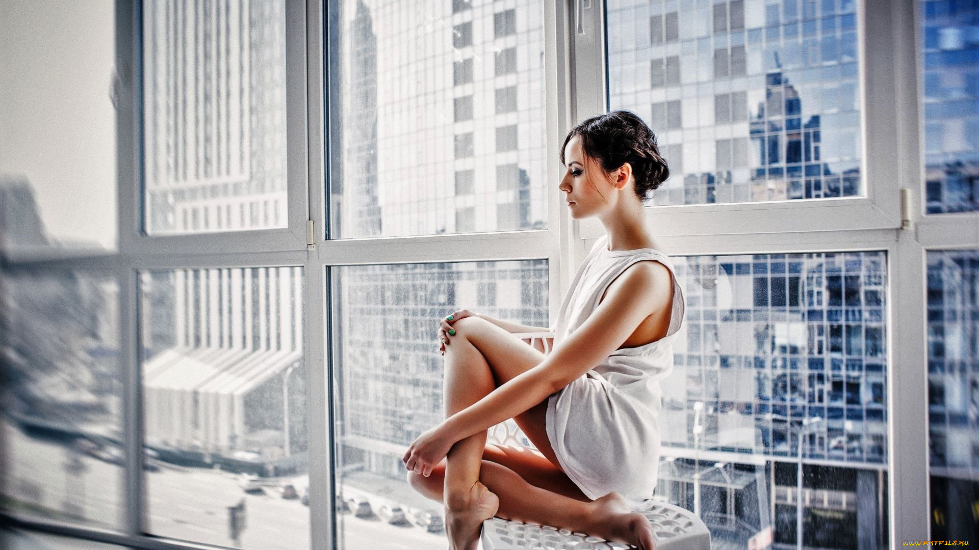 девушки, -, брюнетки, , шатенки, брюнетка, платье, табурет, окно, город