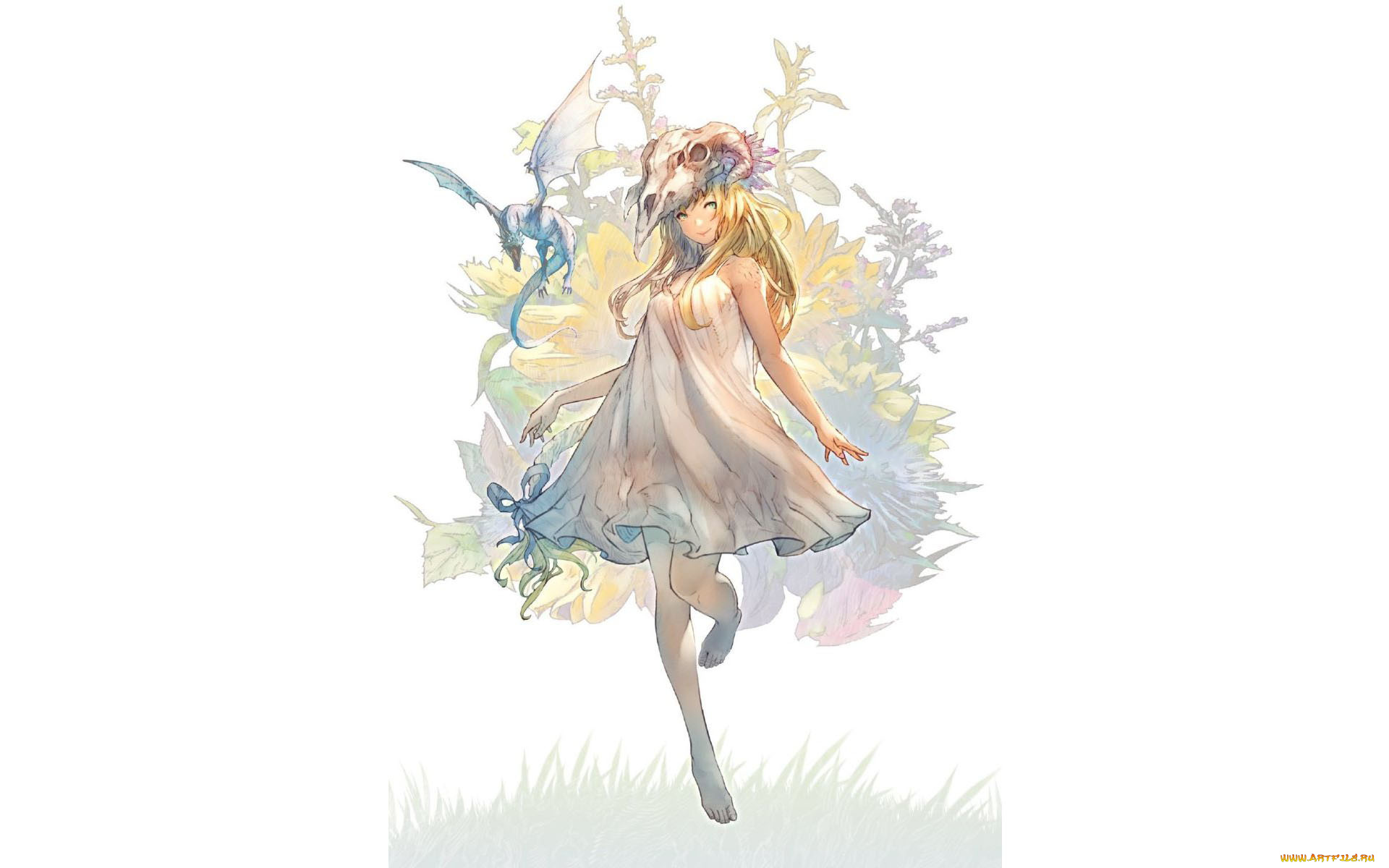 аниме, животные, , существа, девушка, череп, дракон