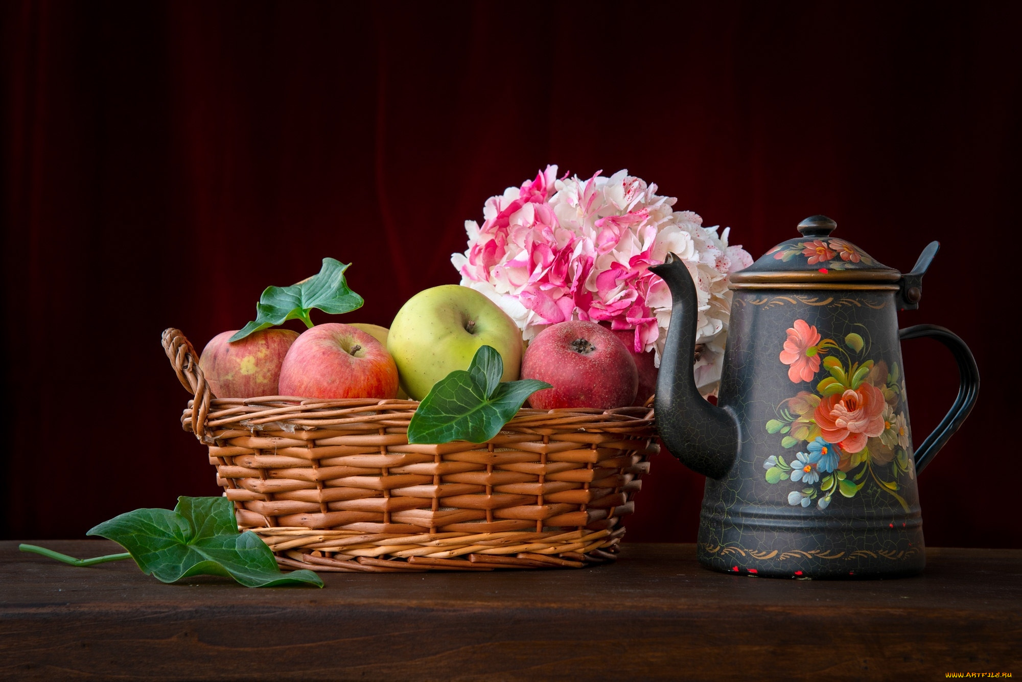 еда, яблоки, чайник, корзинка, цветы