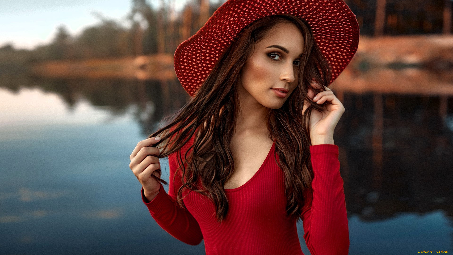 девушки, -, брюнетки, , шатенки, шатенка, шляпа, свитер, озеро
